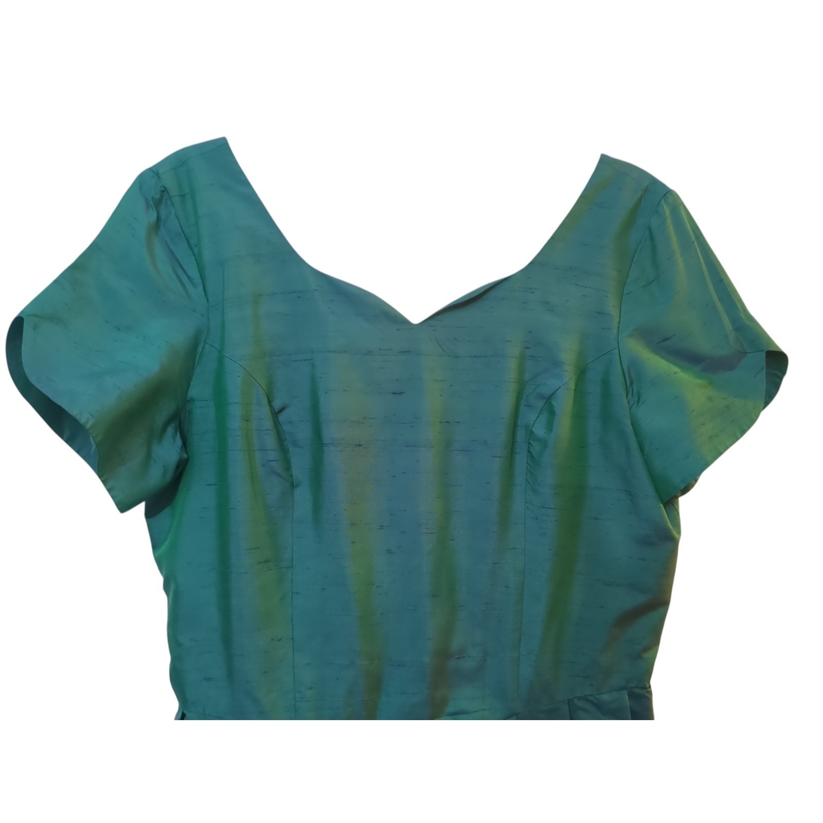 VINTAGE LAURA ASHLEY 100% SILK DUPIONI Iridescent Peacock Fit &Flare Dress US 12
