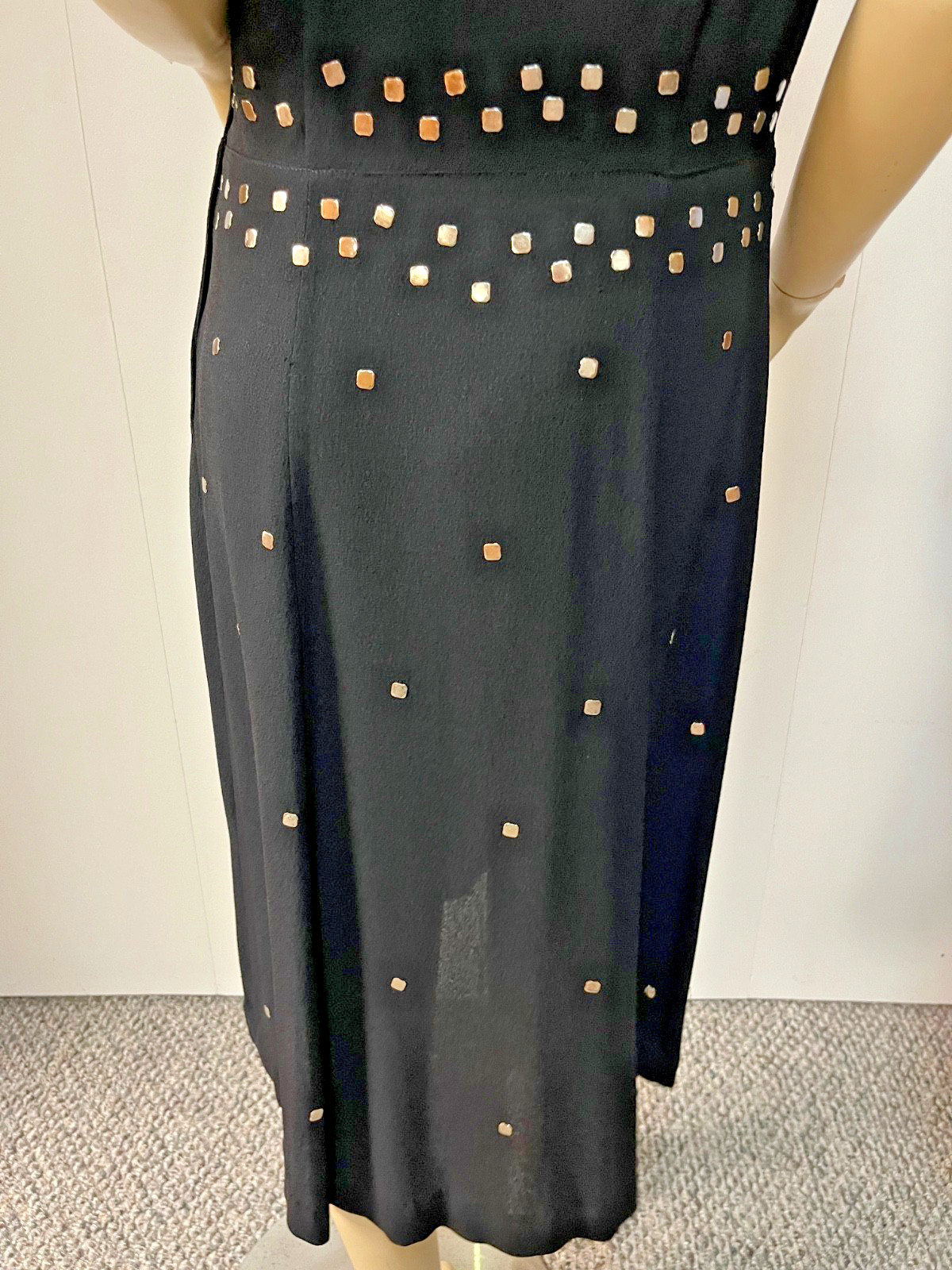 Stunning Prong Set Studded Vintage 1940s Black Rayon Mid Calf Dress Bust 38-39