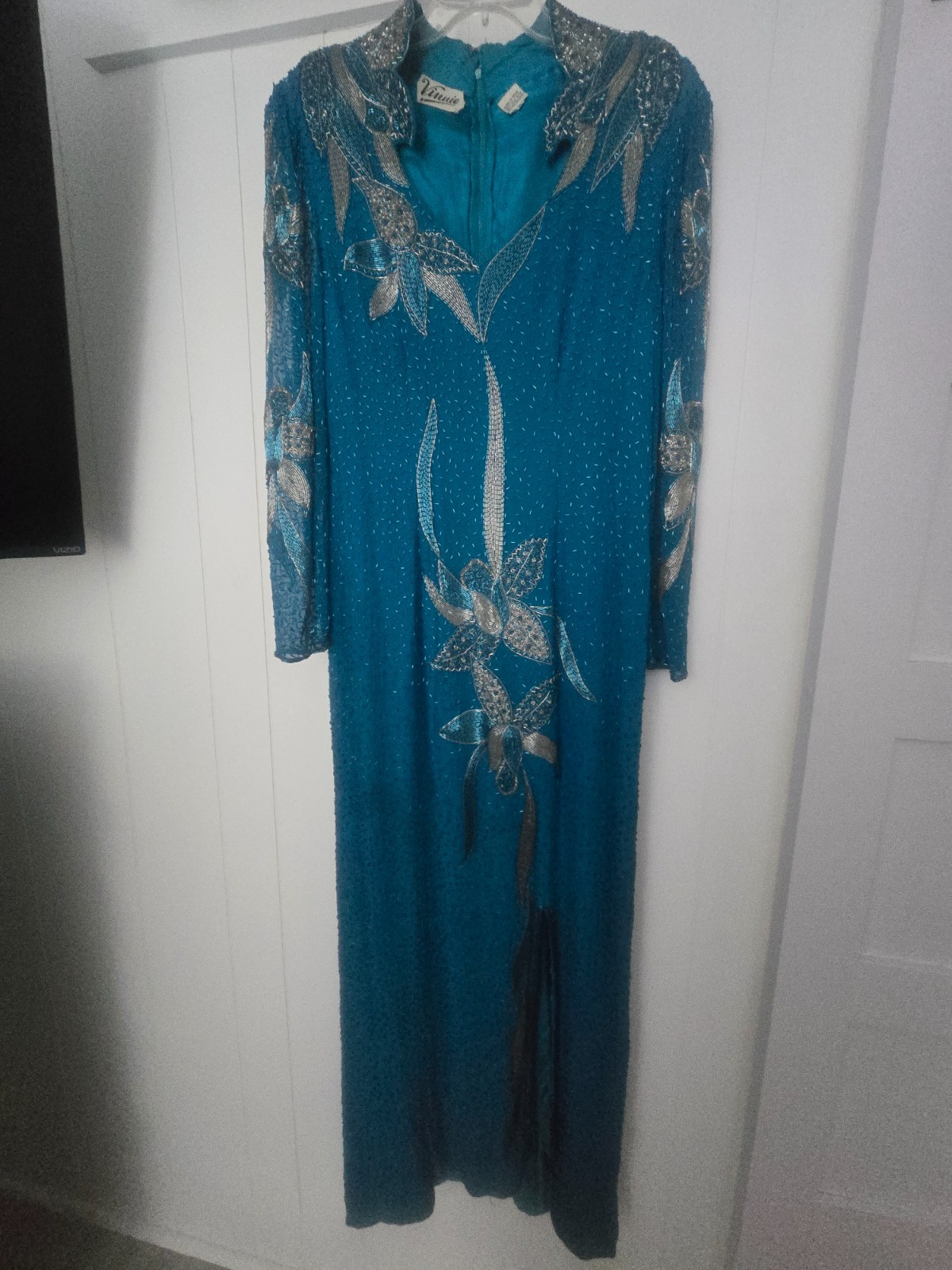 Vintage VINNIE Long Green, Teal, Silk Beaded Dress size XL