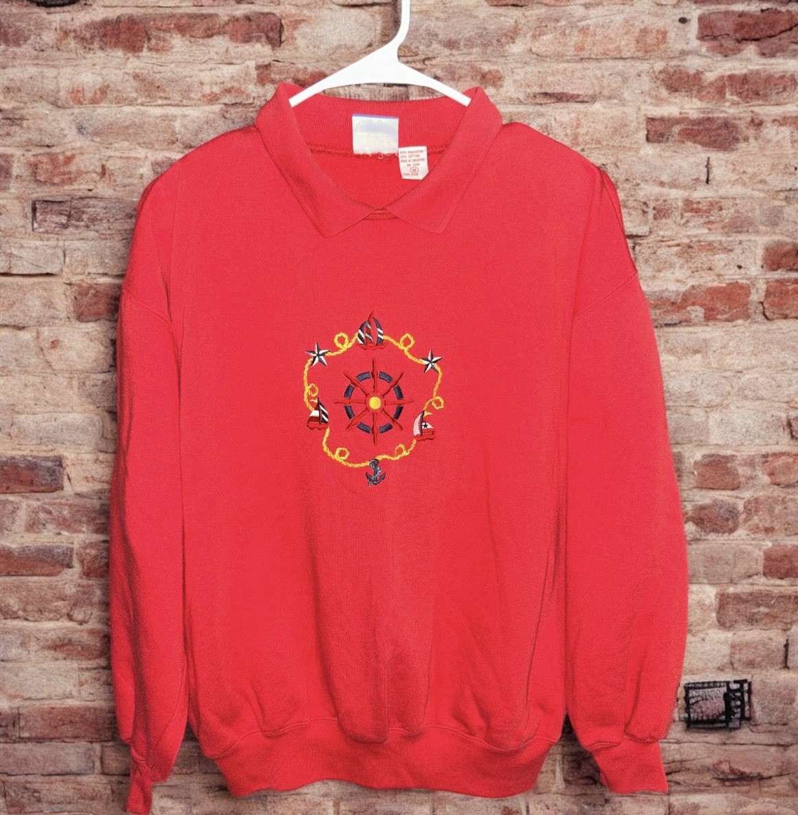 Vintage Sports Accent Pullover Collared Sweatshirt Nautical Embroidered 90’s