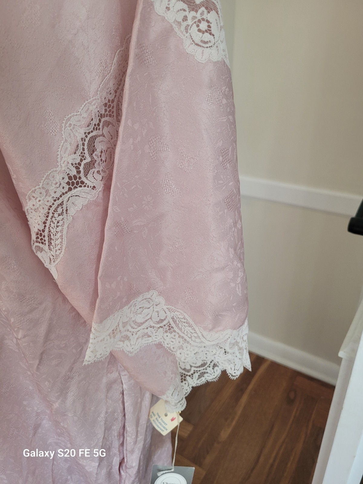 vtg 1980s NWT Christian Dior Pink Satin Feel Jacquard Robe with Lace Details
