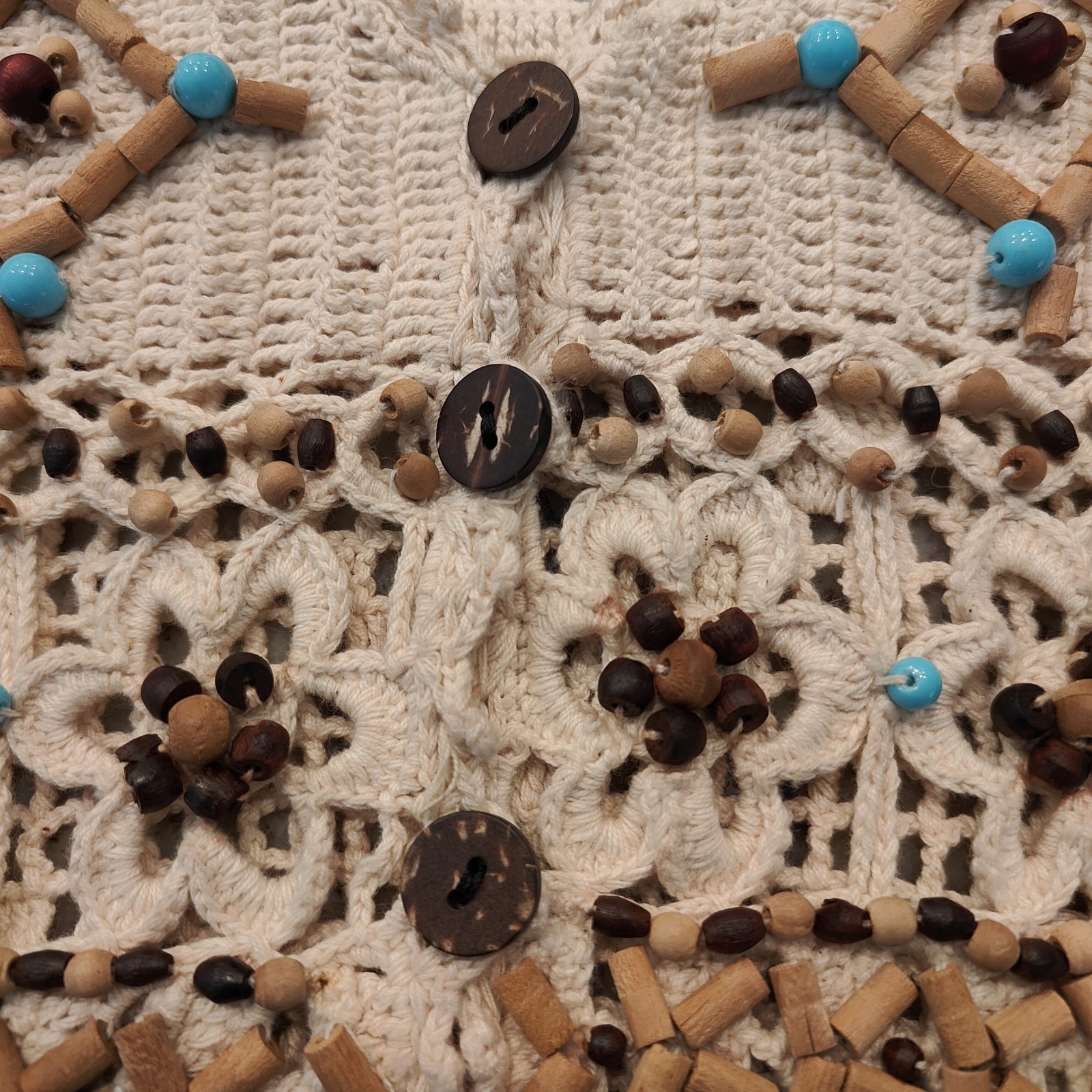 Ann Tjian for Kenar Macrame Wood Beaded Boho Festival Hippie Vest Small Petite