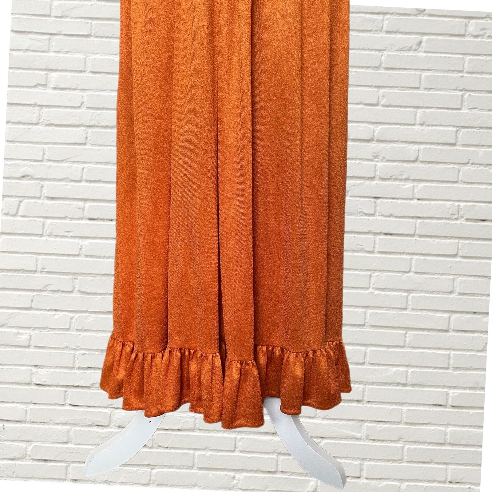 Vintage 60s70s Maxi Corset Dress Copper Ruffle Hem Metallic Dress Xs Hippie