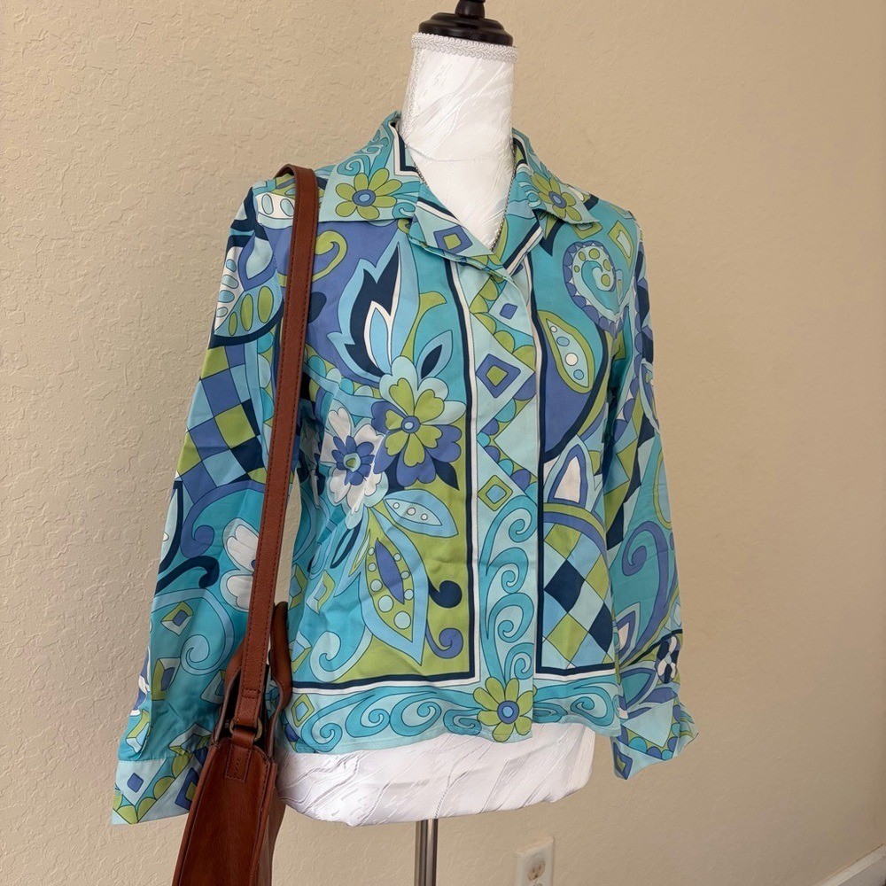 Petite Sophisticate 100% Silk Blouse Psychedelic Print Vintage Petite Size 4