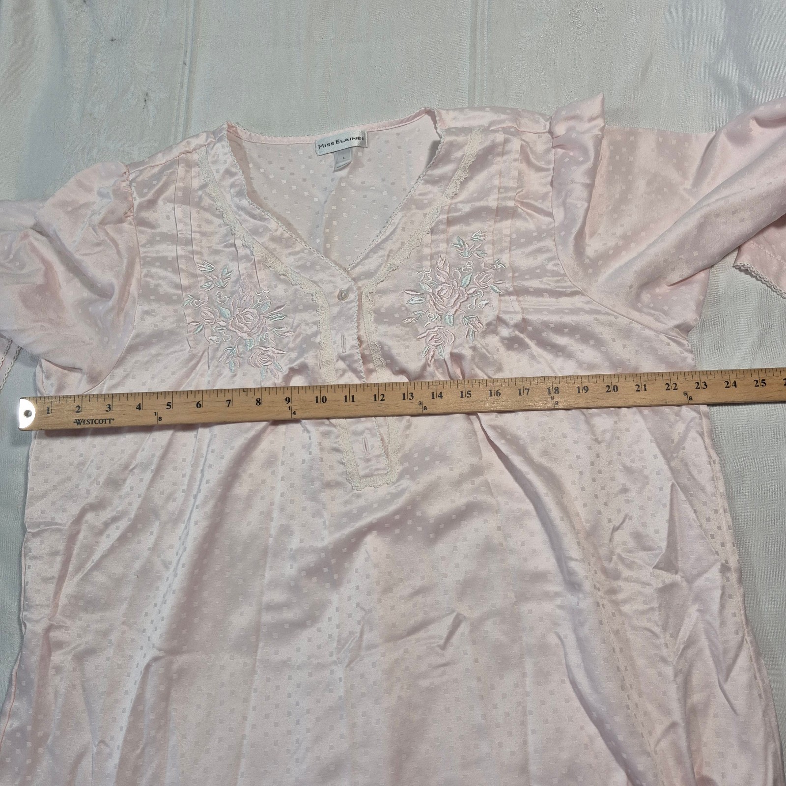 VTG Miss Elaine Pink Check Satin Nightgown Embroidered Floral Size L 90s