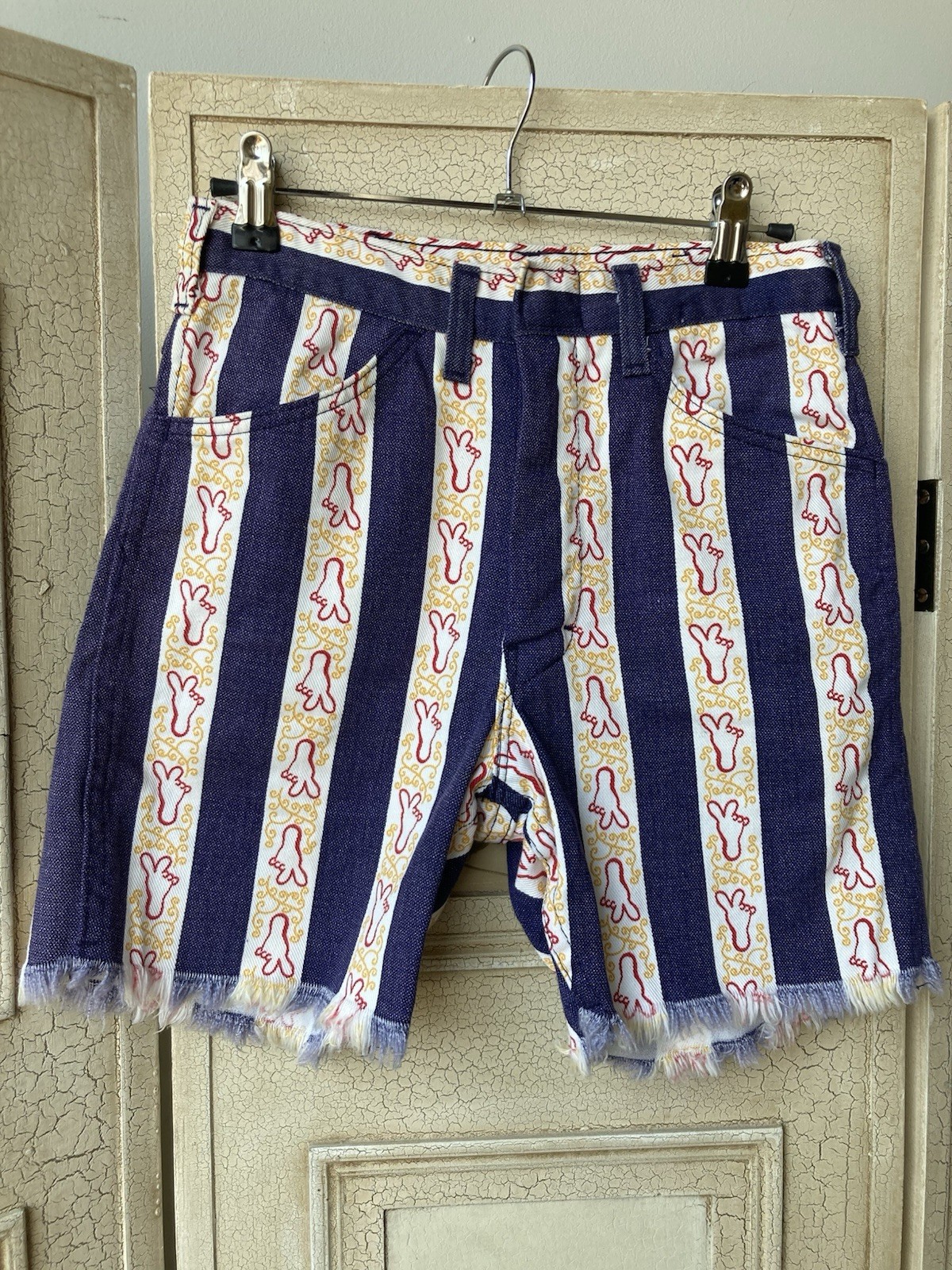 Crazy 1970s High Waisted Shorts with Peace Sign Feet, Waist 26in
