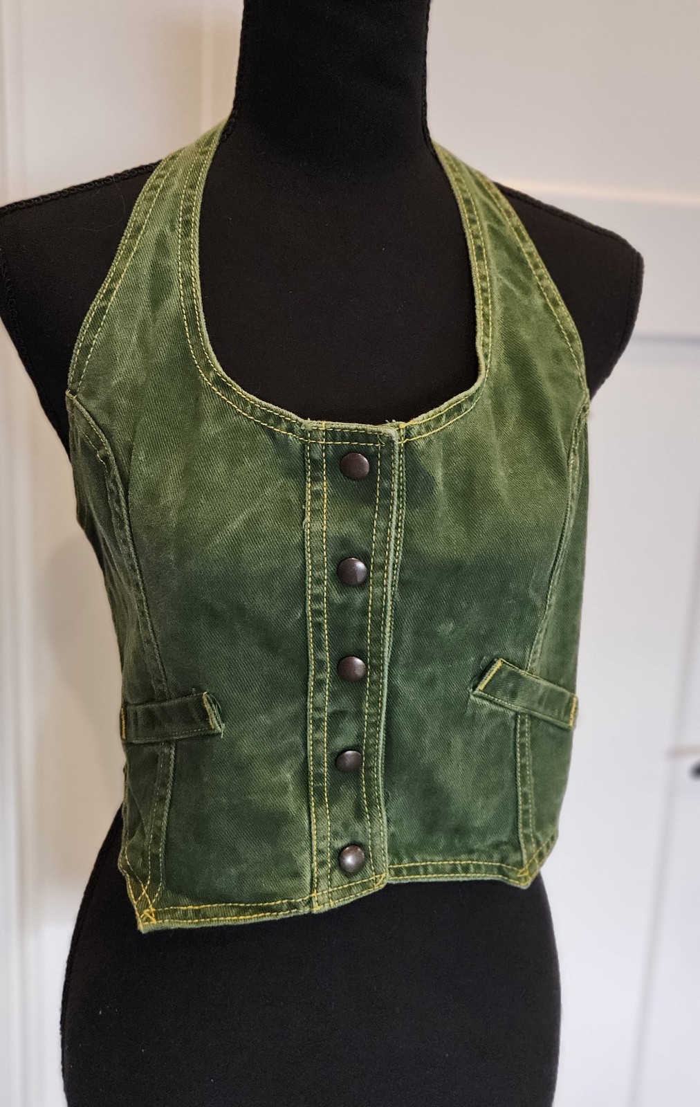 1970&rsquo;s Green Denim Halter Top Snaps Open Back Vintage Y2K Size 13