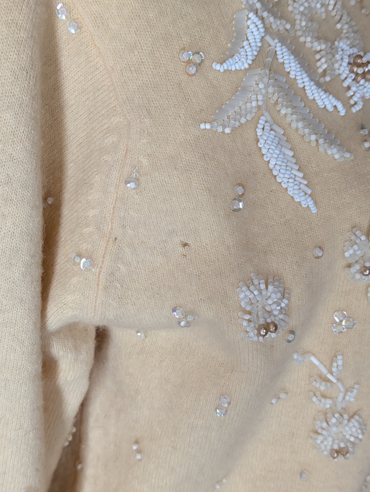 Vintage 1950s Hand Beaded Cardigan Cream With White Floral Beading Size Small