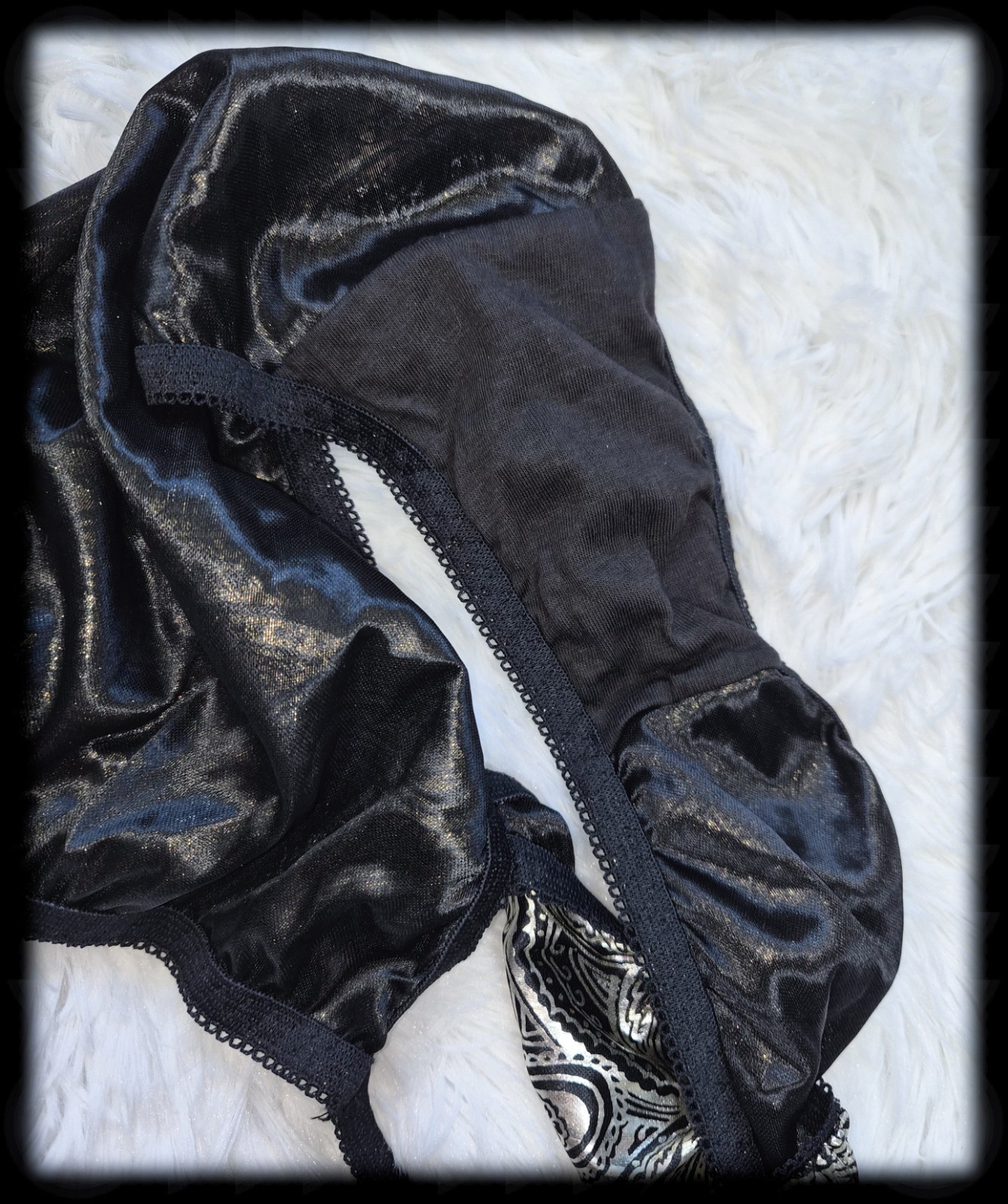 Vintage SILVER Metallic HI-RISE String Bikini PANTIES Shiny Foil Print 7/8 L-XL