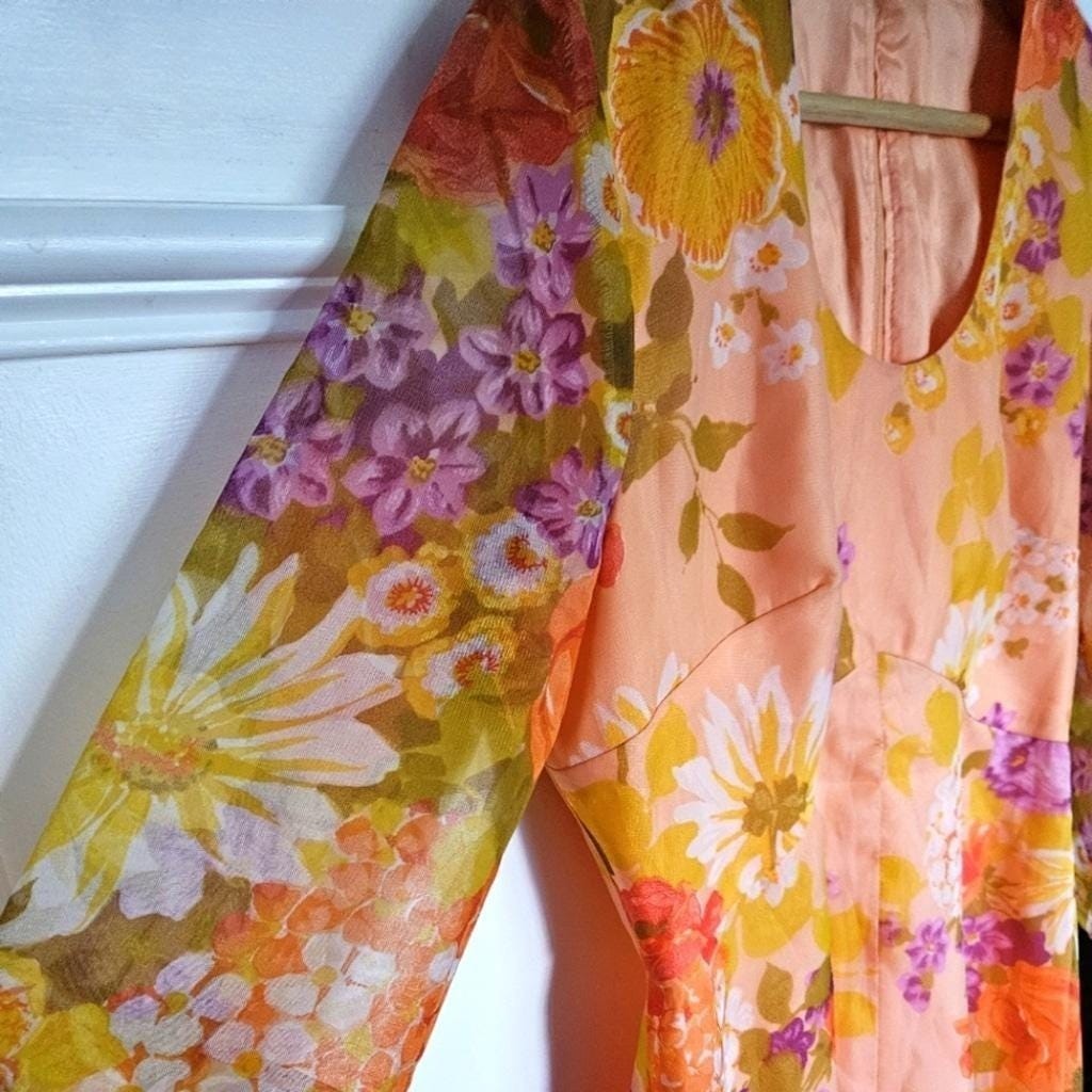 Vintage 70s Formal Floral Peach Long Sleeve Dress Deadstock Jac An Juniors 15/16