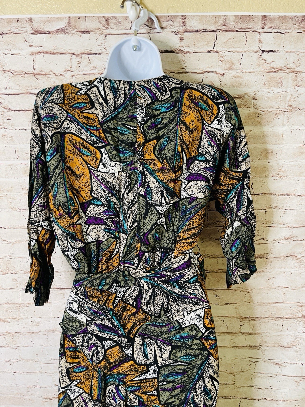 Vintage 80&rsquo;s Mod Abstract Leaf Print Dress John Richard Shoulder Pads 7/8