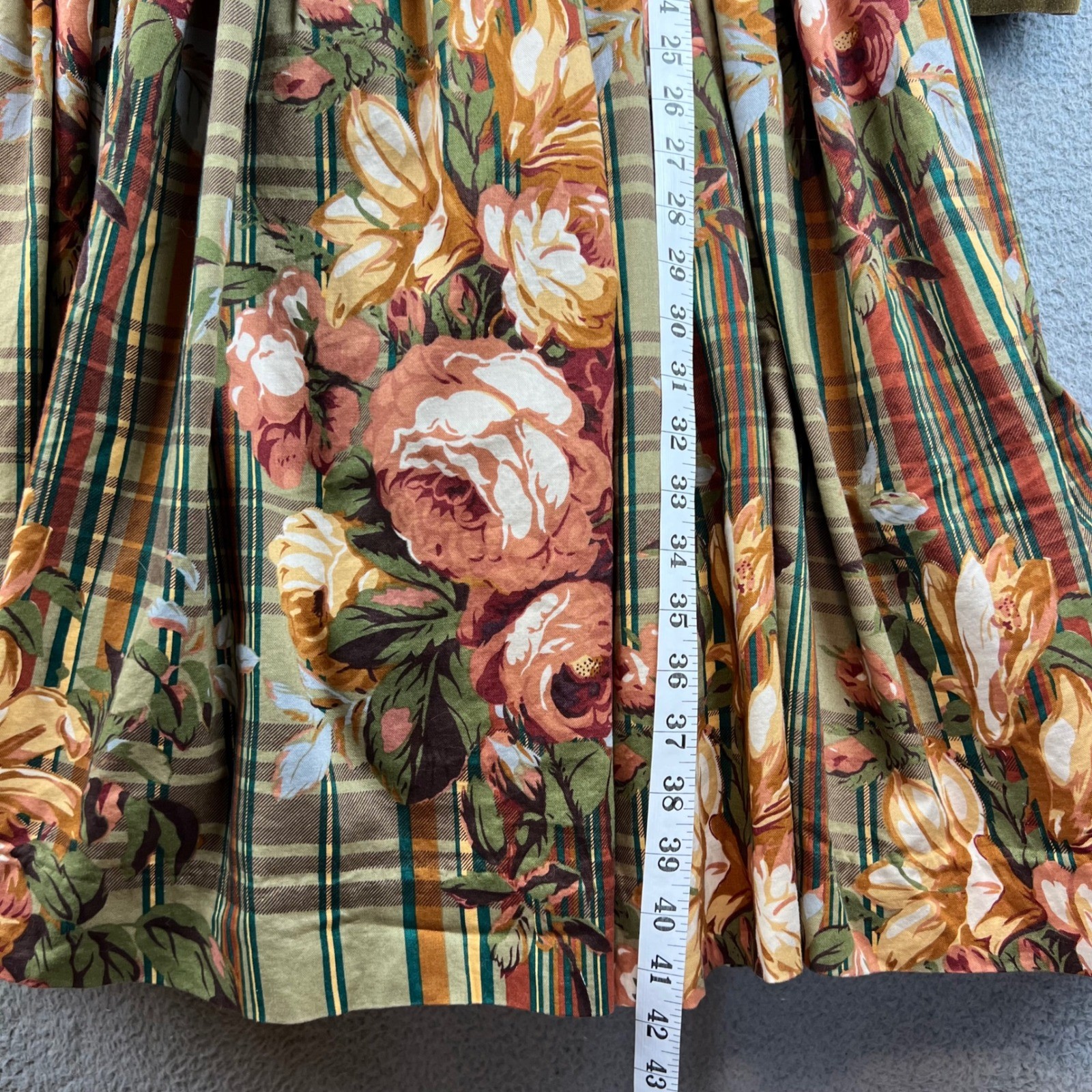 VTG Françoise Bouthillier Floral Plaid Dress Green Velvet Trim Midi Victorian