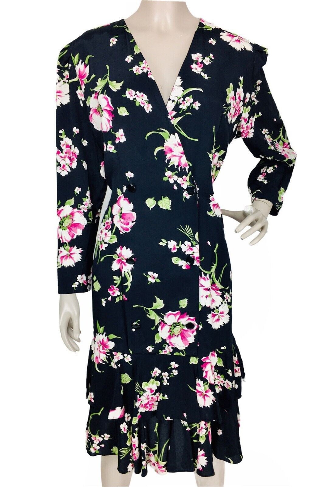 Vintage 80s Stuart Alan Black Floral Surplice Tiered Ruffle Hem Midi Dress