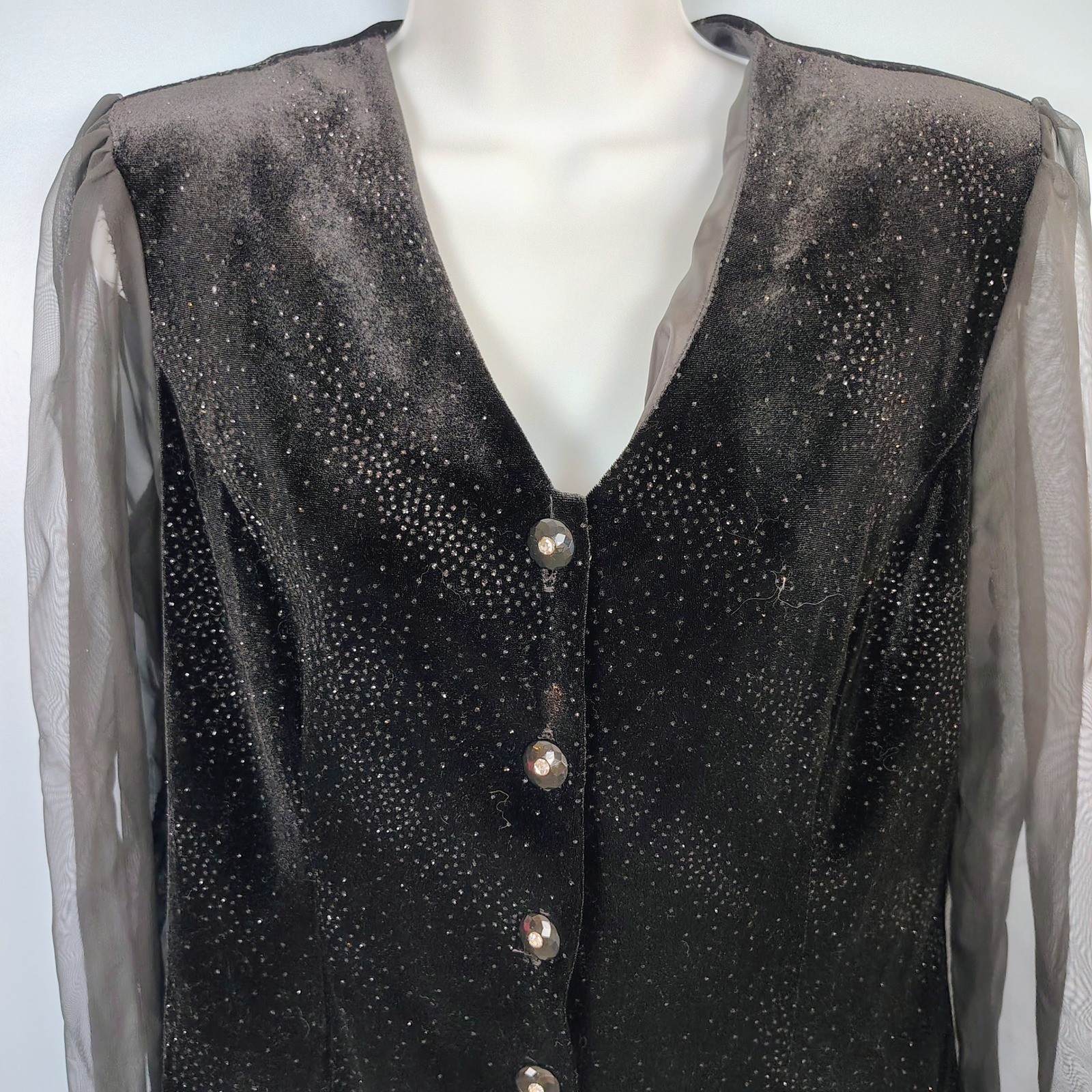 Another Thyme Vintage Black Velvet Sheer Sleeve Glitter Evening Blouse Top