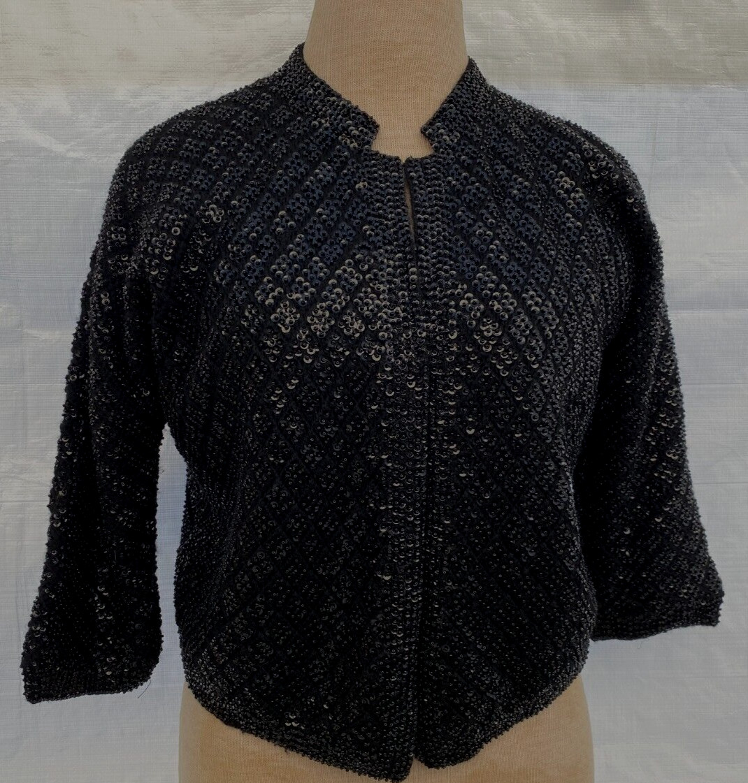 VTG 40s 50s 60s..ROCKABILLY..CROPPED..SEQUIN..BLACK..CARDIGAN..SWEATER..sz S