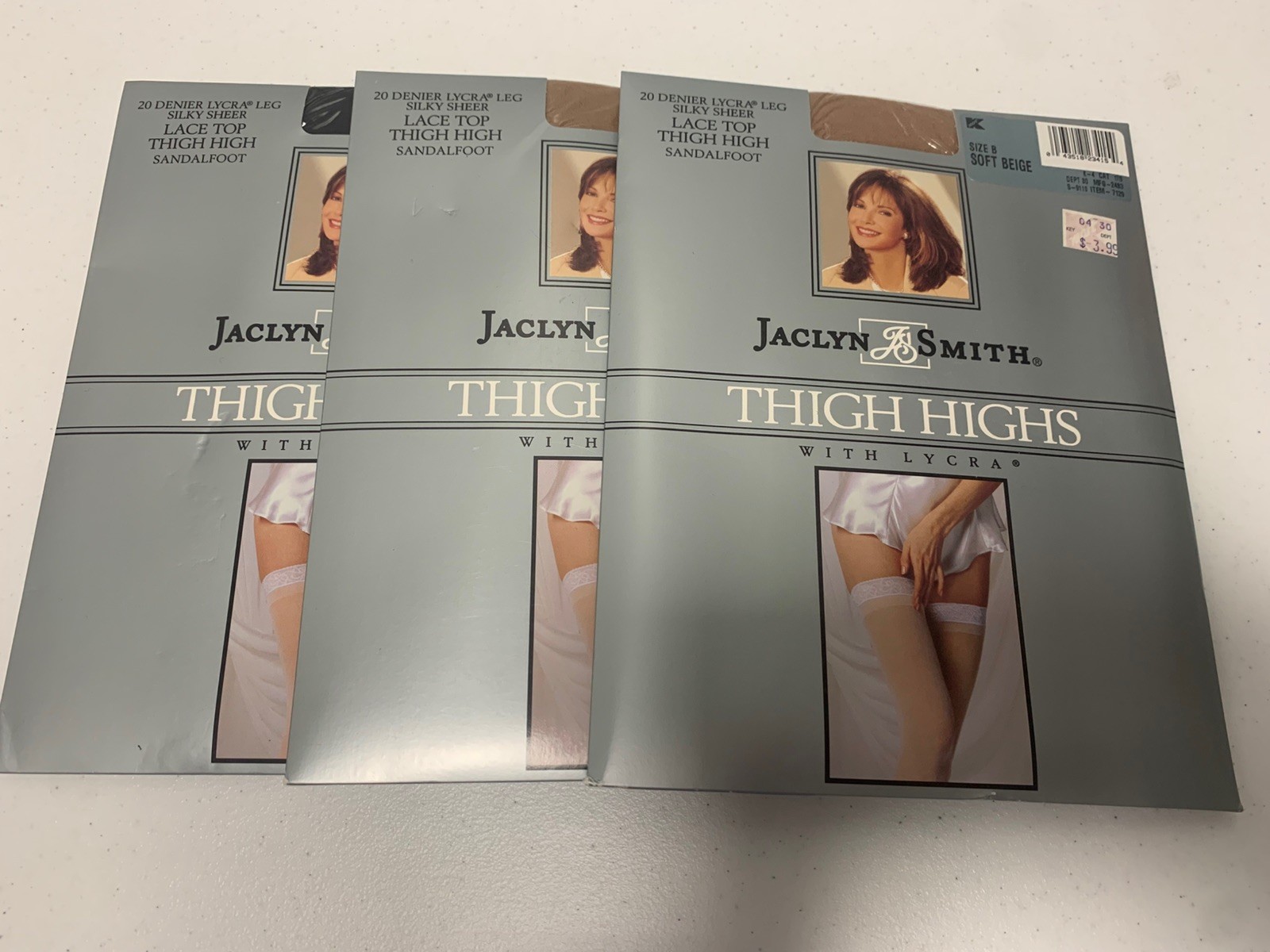 Lot Of 3 Jaclyn Smith Lace Top Thigh High Stockings 2 SOFT BEIGE 1 BLACK Size B