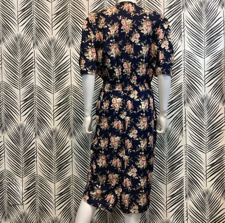 Vintage 1980’s Dark Floral Rose Print Midi Dress, Navy Blue and Pink, Size 12