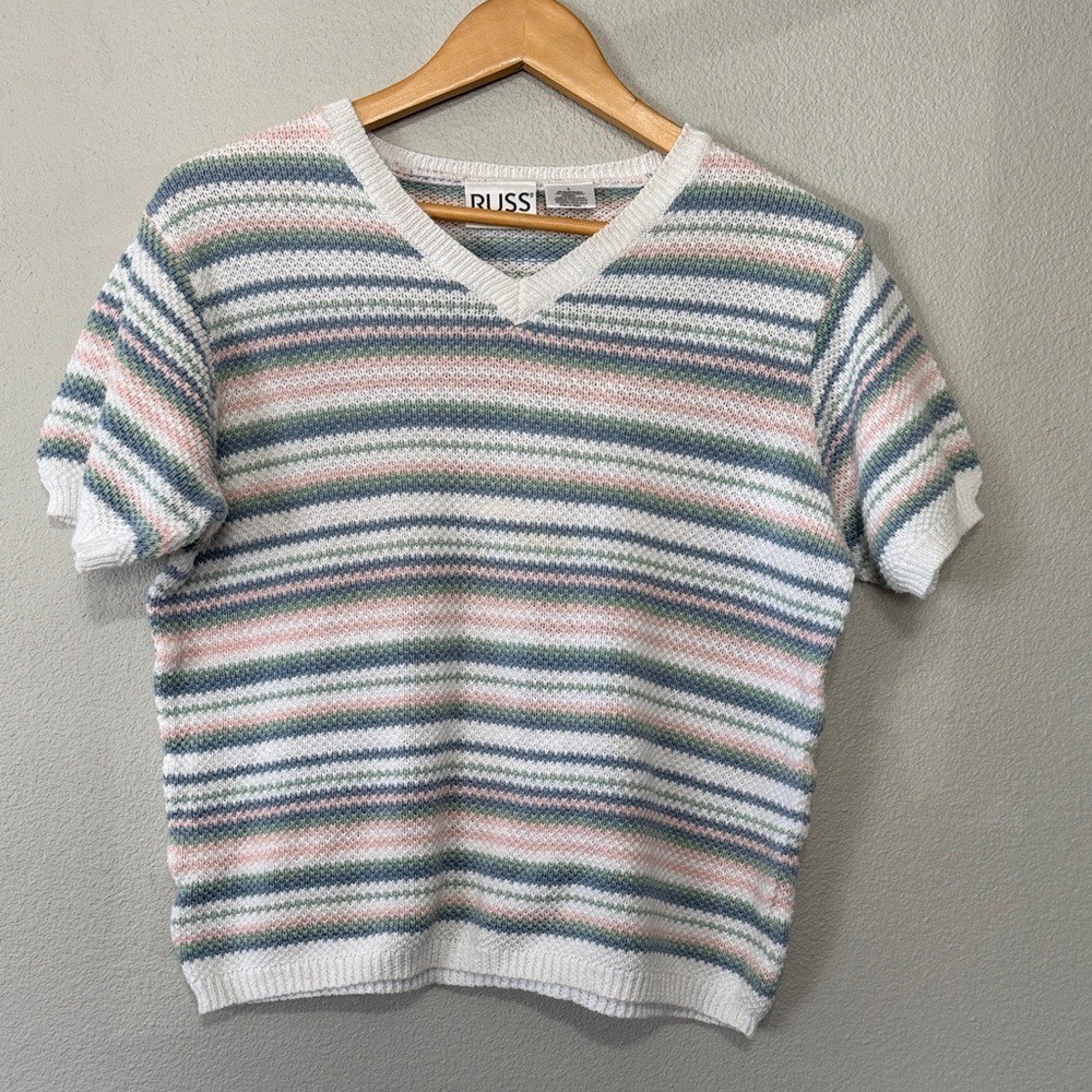 VTG Russ Pastel Striped V-Neck Sweater Large 1980&rsquo;s Ramie/Cotton Short sleeve