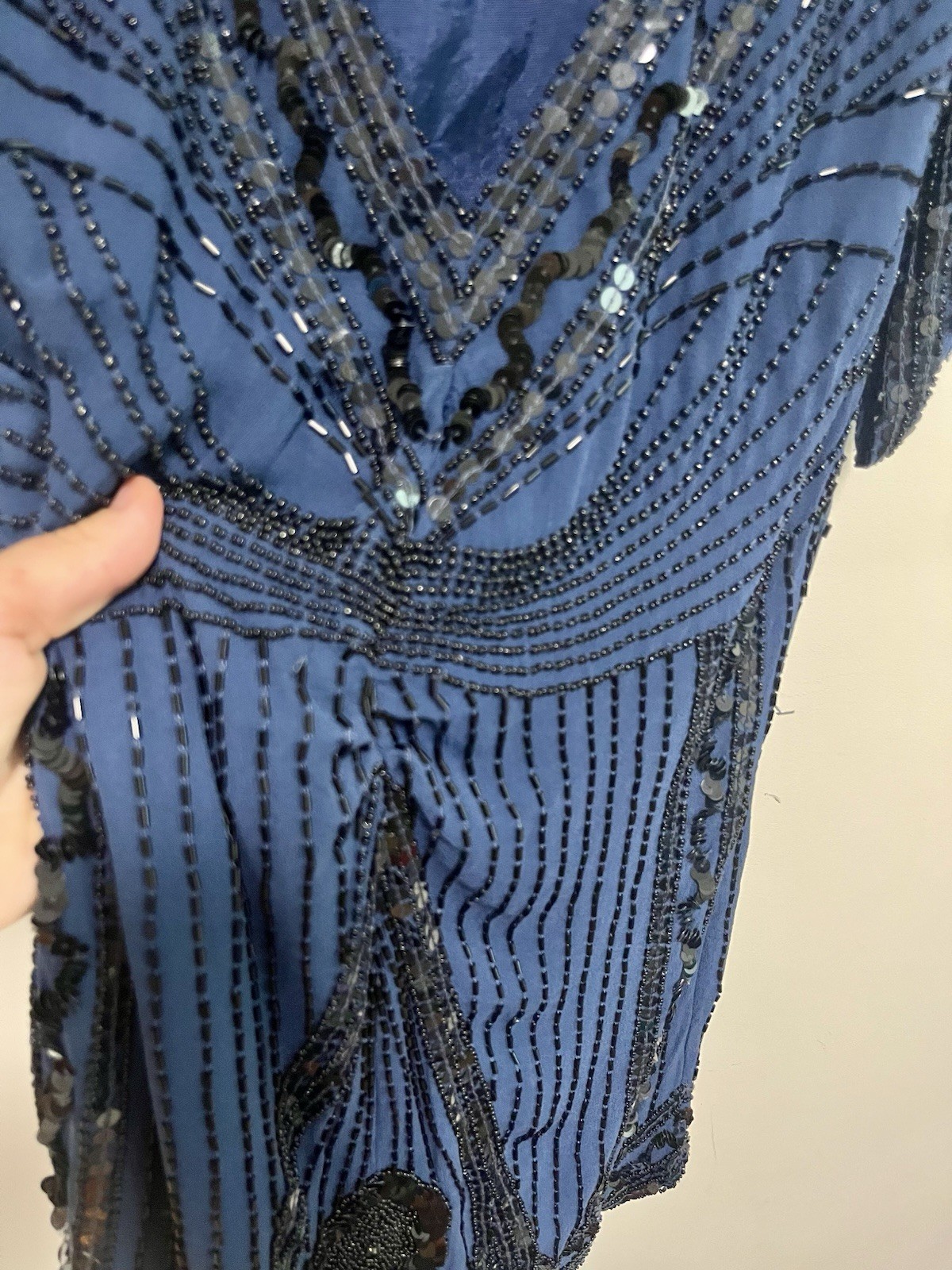 Vintage 1920s Style Silk Flapper Dress Beaded Sequin Gatsby Party Blue XS UK 8