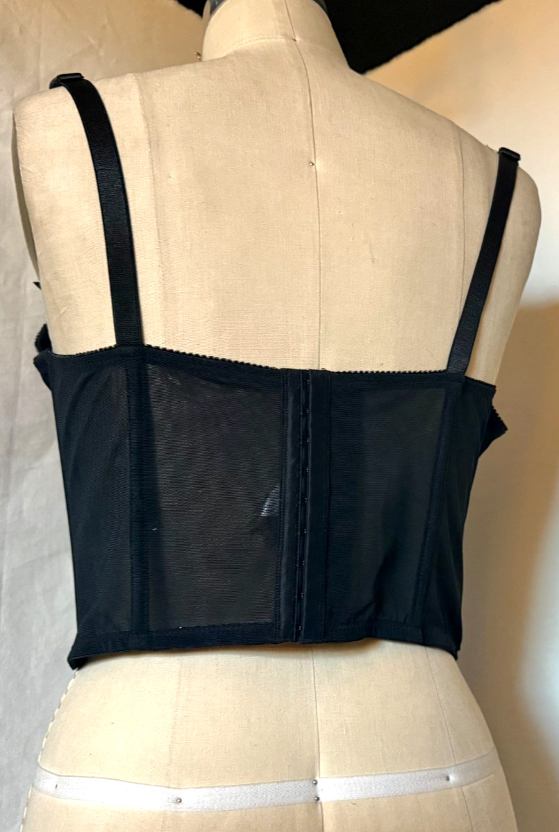 LACE FRONT CORSET BUSTIER « ENCHANTED » SHEER BLACK NYLON w EMBROIDERED CUPS 42DD
