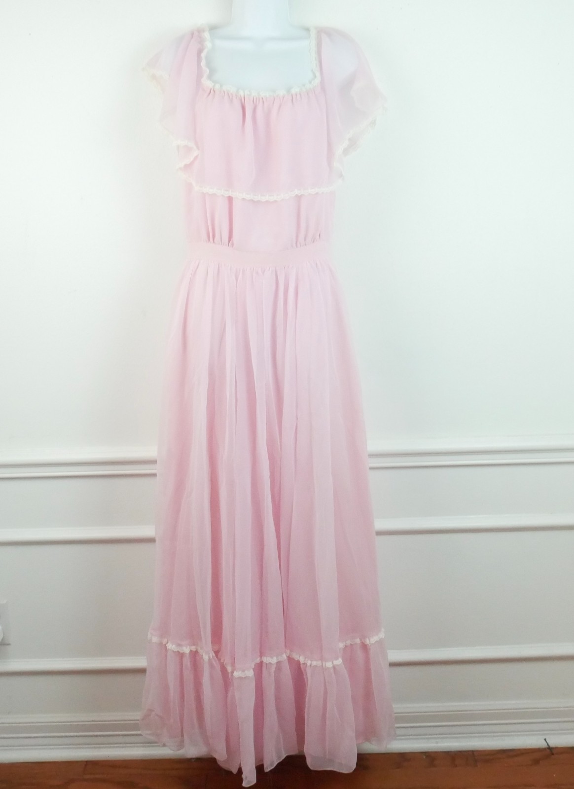 Vintage Pink Princess Gown Maxi Dress Chiffon Ruffle Prom Cottagecore S M Sheer