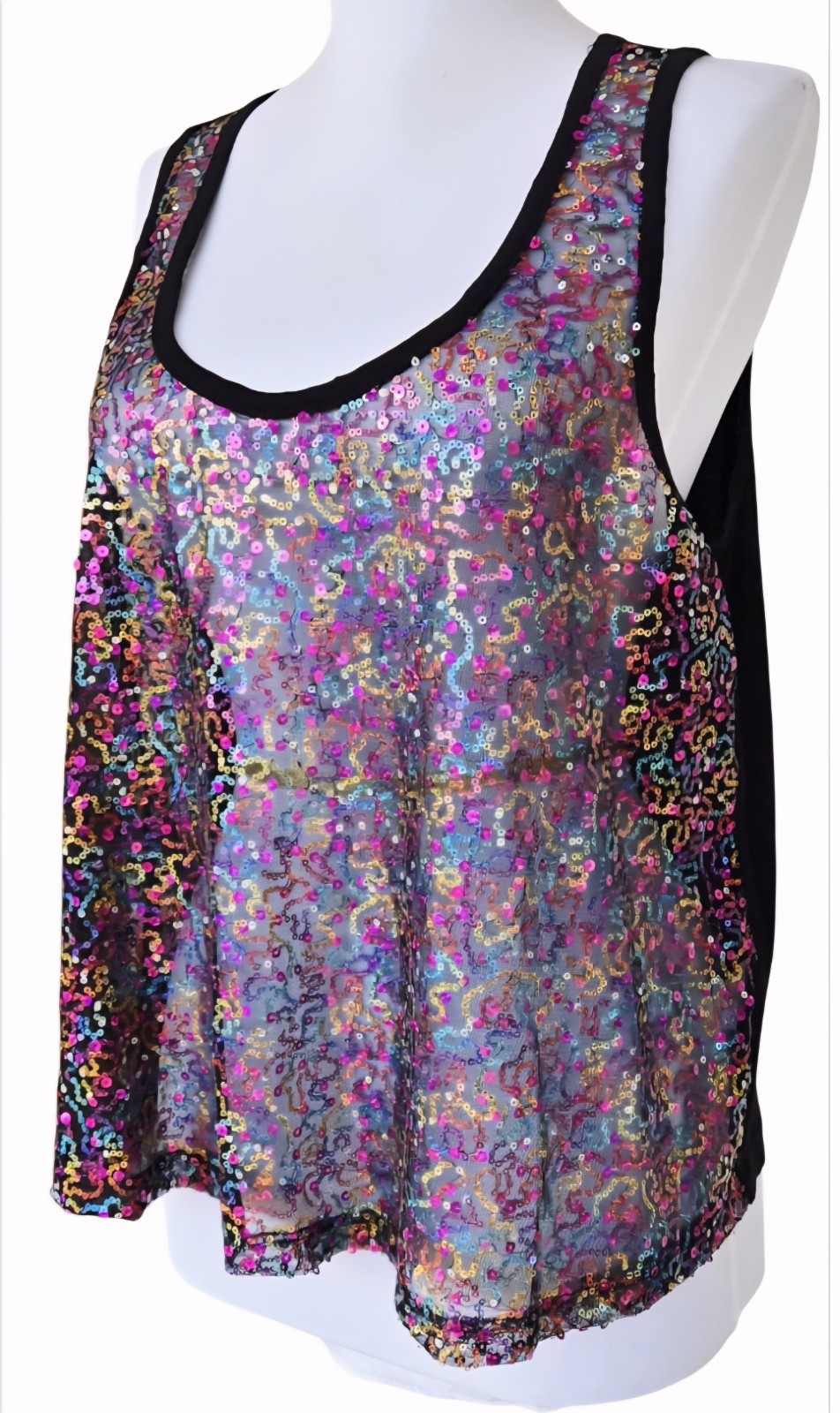 1990s CHARLOTTE RUSSE Sheer Rainbow Sequined Poly Spandex Tank Top Size XL