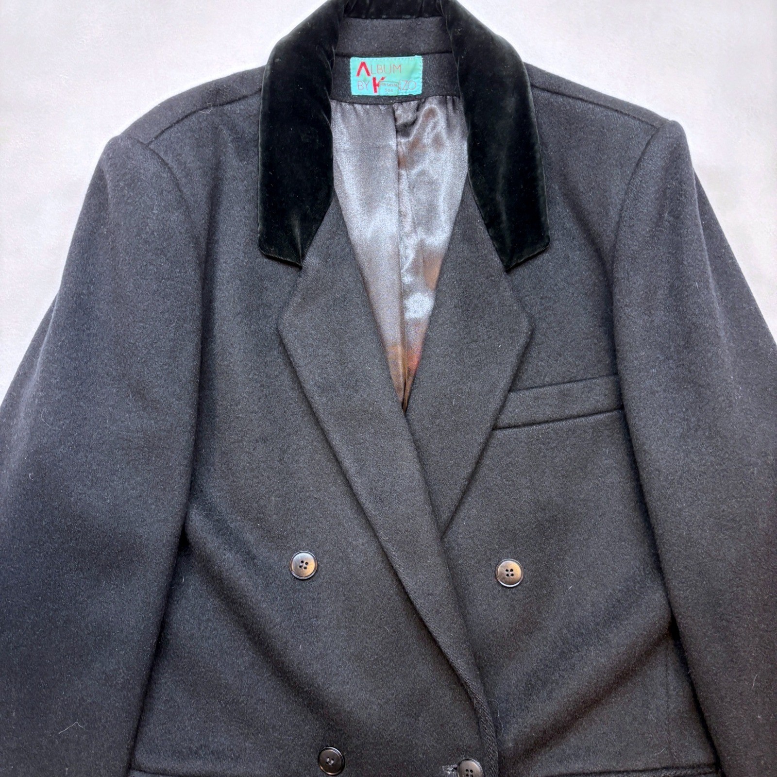 Vintage Album by Kenzo Black 100% Wool Velvet Collar Double Breasted Long Coat L
