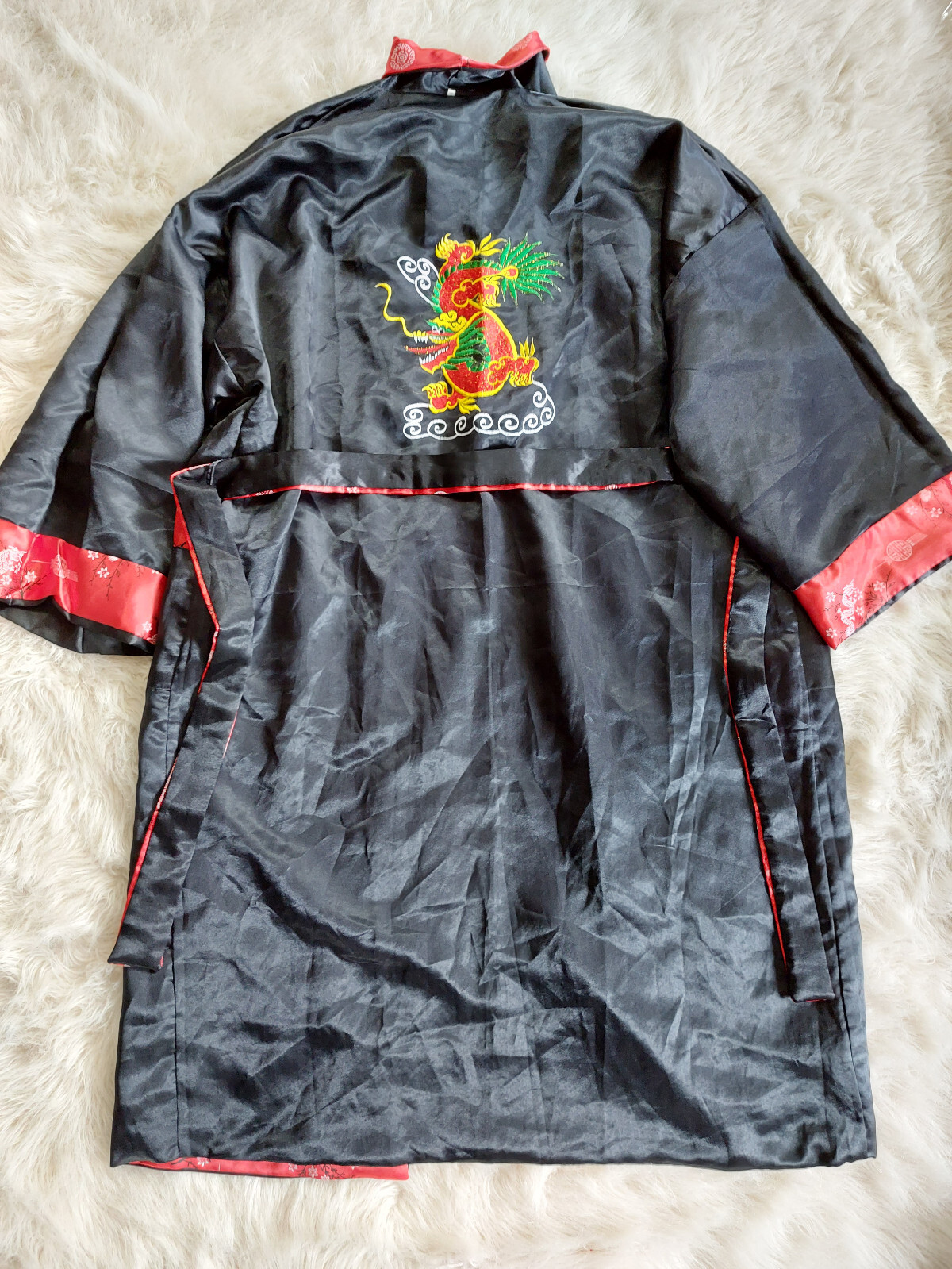 Oriental Black and Red Satin Reversible Dragon Embroidery Kimono Robe Siz XL