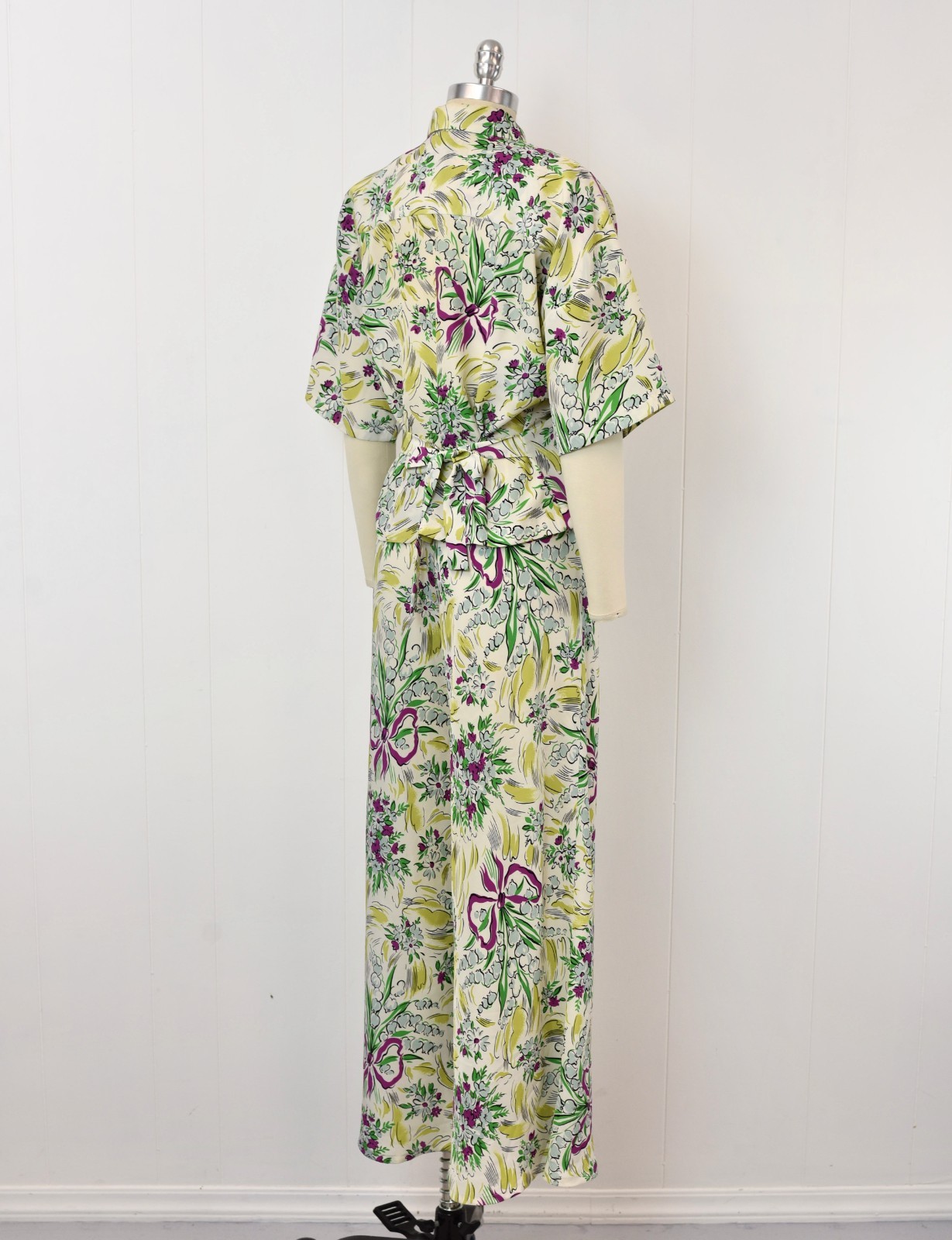 Vtg 1980s Norma Kamali Floral Ribbon Novelty Print Blouse Palazzo Pants Set