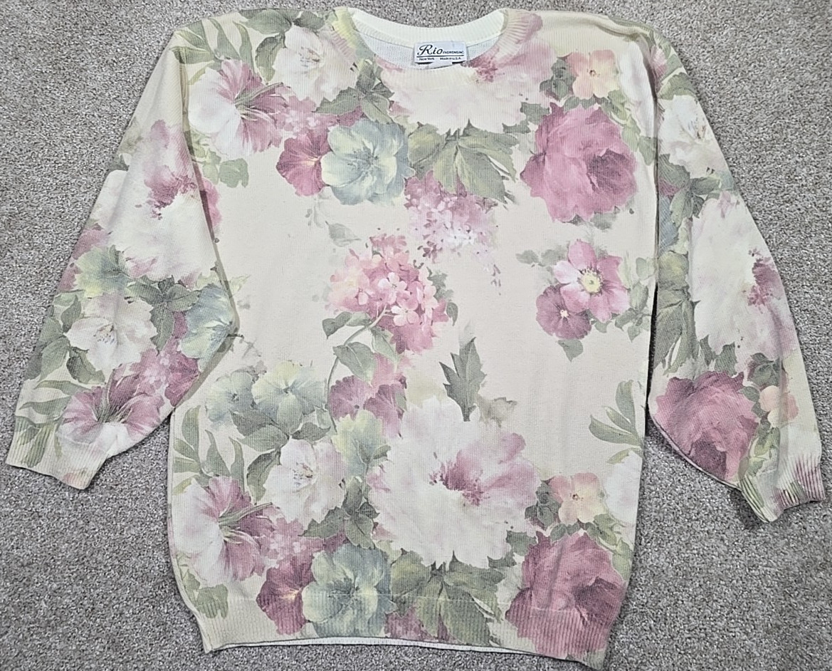RIO Fashions Vtg Floral Print Sweater USA Made Lightweight 3/4 Sleeve Women&rsquo;s M