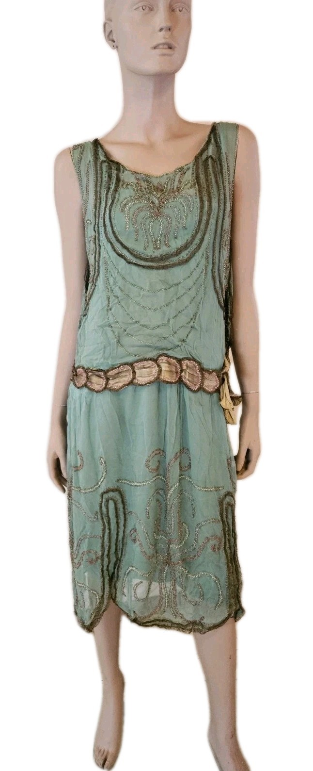 Antique 1920s French Beaded Flapper Dress Gold Lace Vintage Art Deco Bust 36