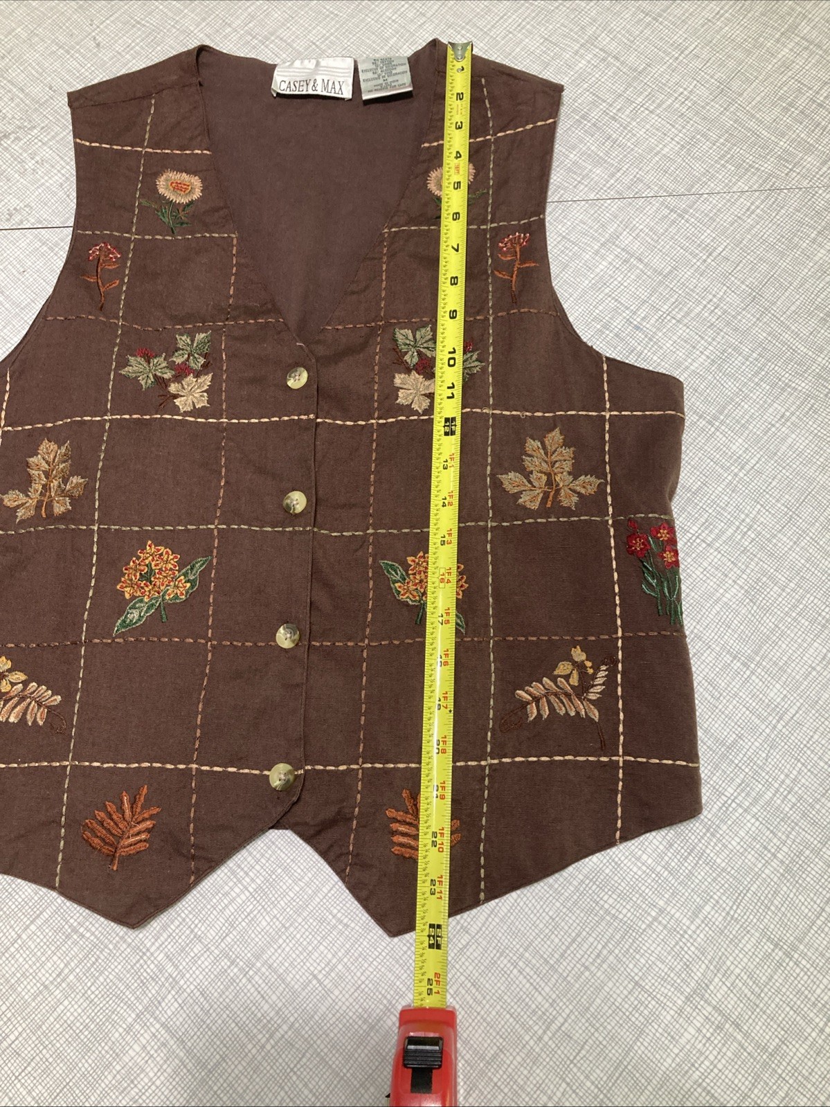 Vtg 90s Casey & Max Embroidered Vest Floral Brown Linen Cotton Cottagecore Fall