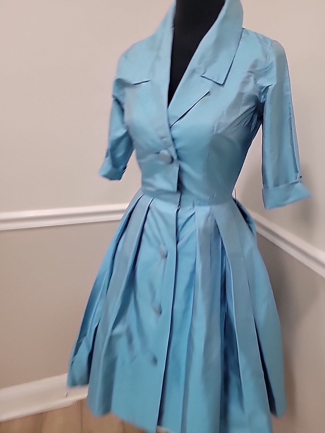 Rare VTG 50s Marie Leavell Aqua Blue Silk Shirt Dress Mid Century Boutique/Pleat