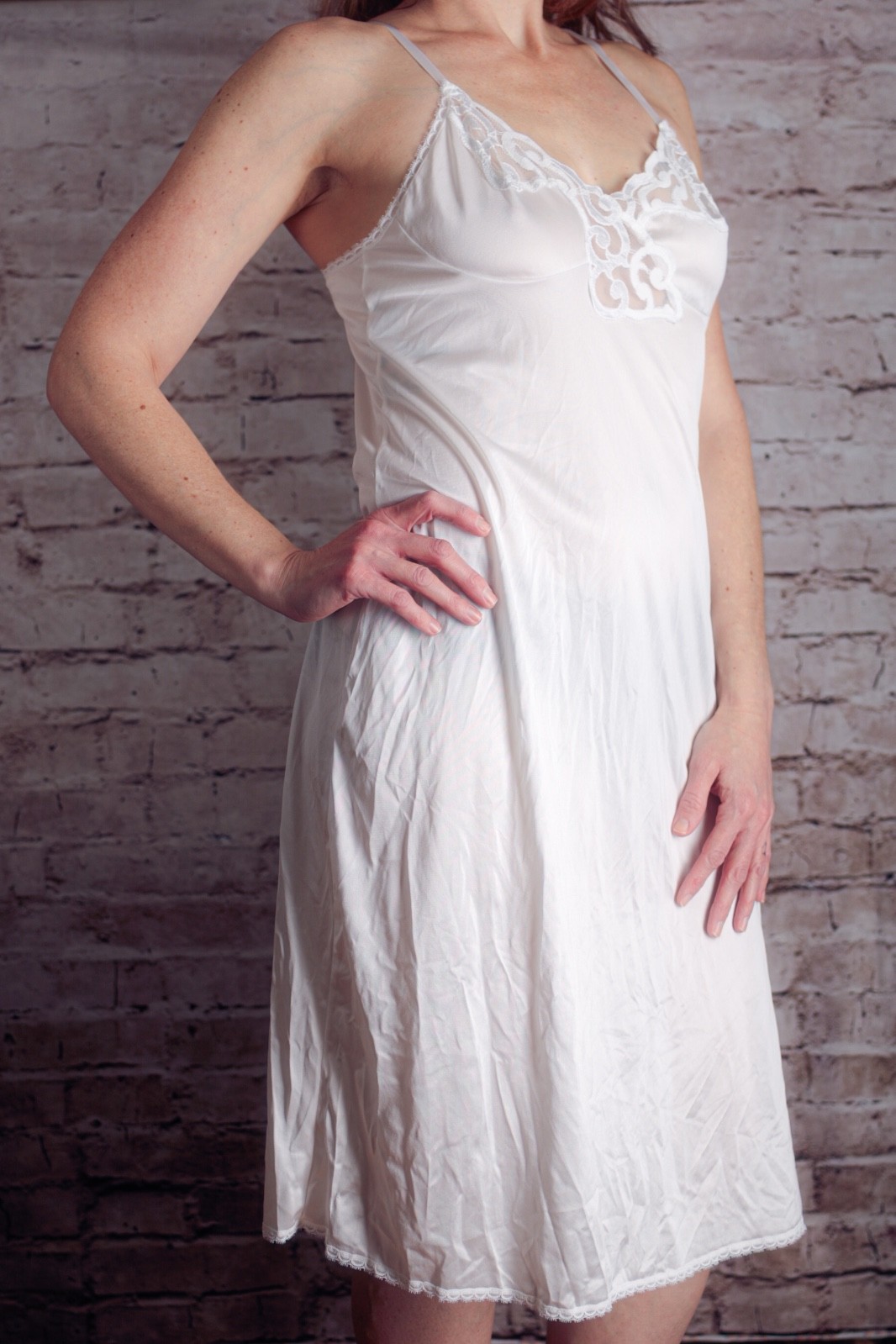 Cabernet Vintage Retro Glam Pinup Soft Silky Satin Lace Full Slip 38 Med White