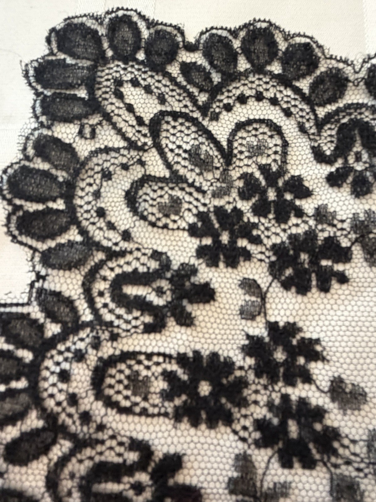 Early 1900s Black Embroidered Silk Chantilly Lace Scarf Table Runner Shawl 20×46