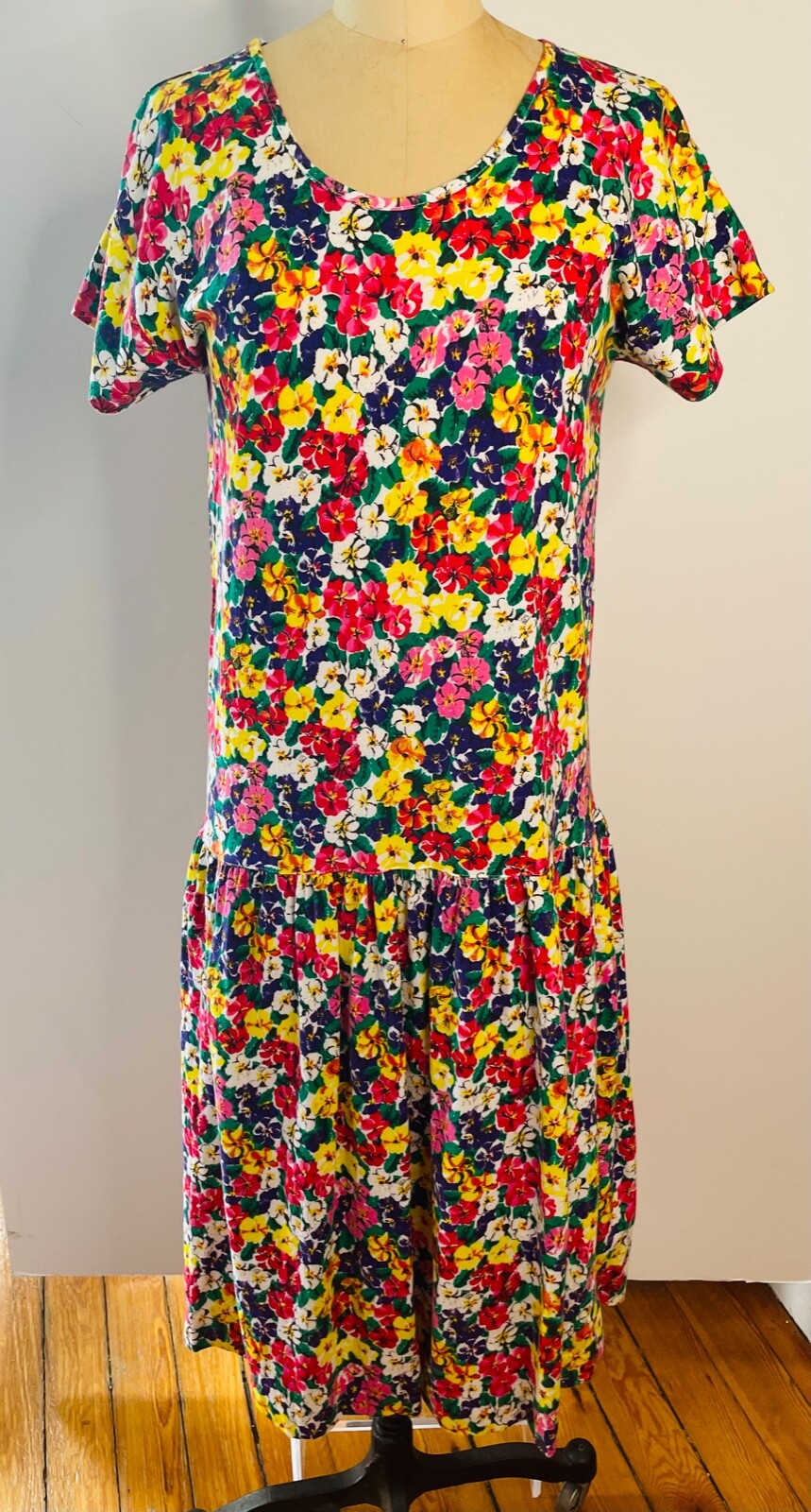 VTG 80&rsquo;S-90&rsquo;S RED BLUE YELLOW GREEN FLORAL PRINT DROP WAIST COTTON MIDI DRESS*S