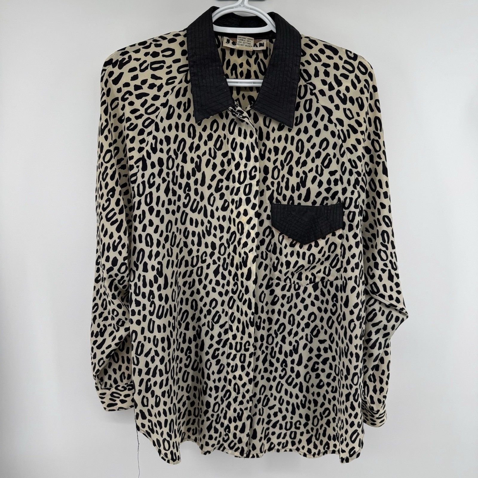 Vintage Jordan Leopard Print Button Down Blouse Black Contrast Collar Size 9/10
