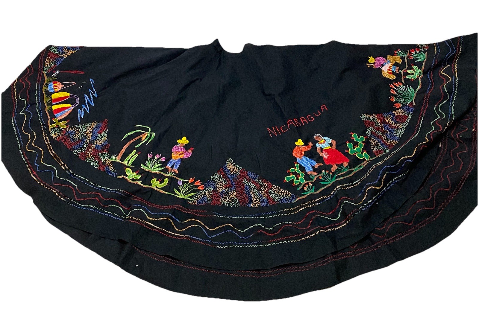 Vintage Nicaraguan Embroidered Folk Art Novelty Full Circle Skirt Metal Zip S