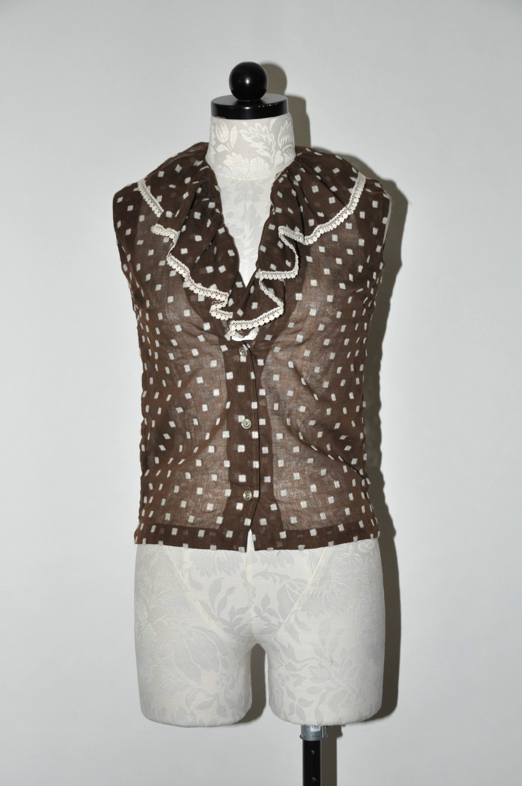 60s Dark Brown Polka Dot Sheer Ruffle Neck Sleeveless Crop Top Blouse Women XXS