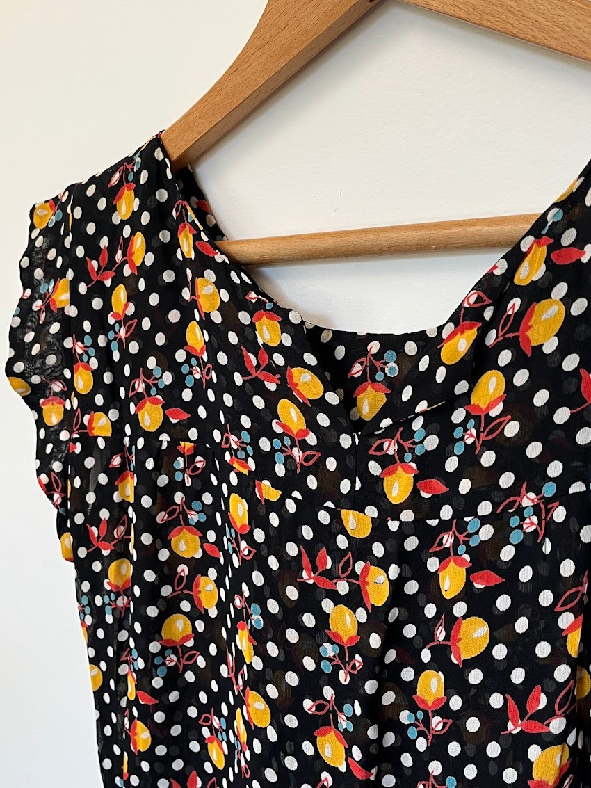 Vintage 1930s Chiffon Crepe Sheer Polkadot Lemon Novelty Mini Dress Dress XS/S