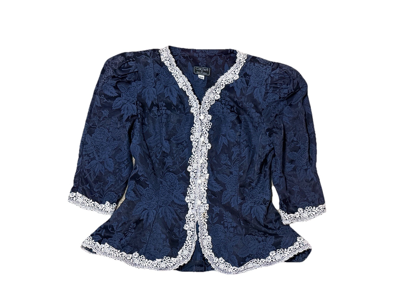 Cachet Bari Protas Vintage Navy Blue Suit Set Skirt Top 9/10 Pearls Lace Rare