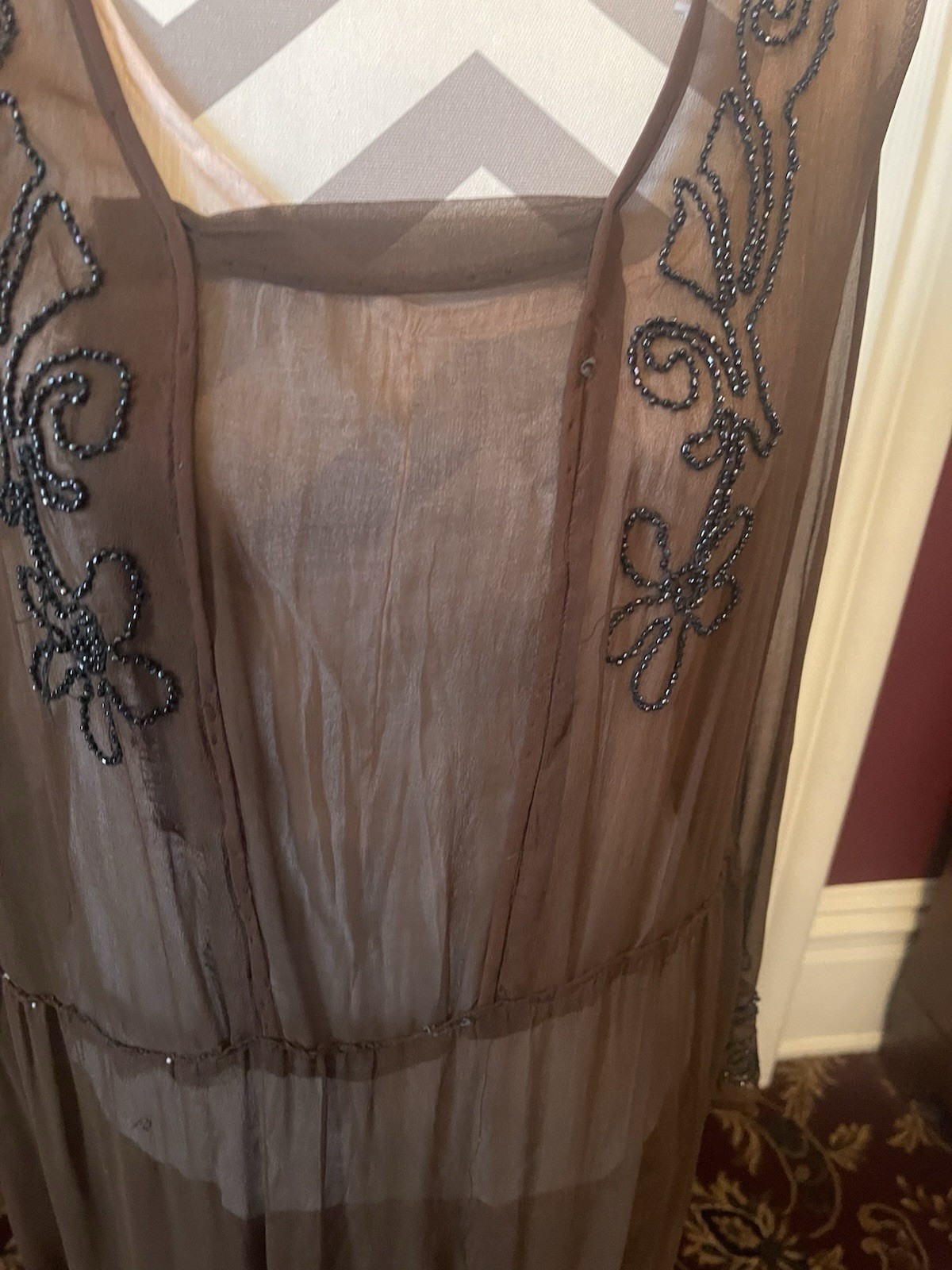 Antique 1920s Brown Chiffon Crepe Flapper Dress Art Deco Black Beading