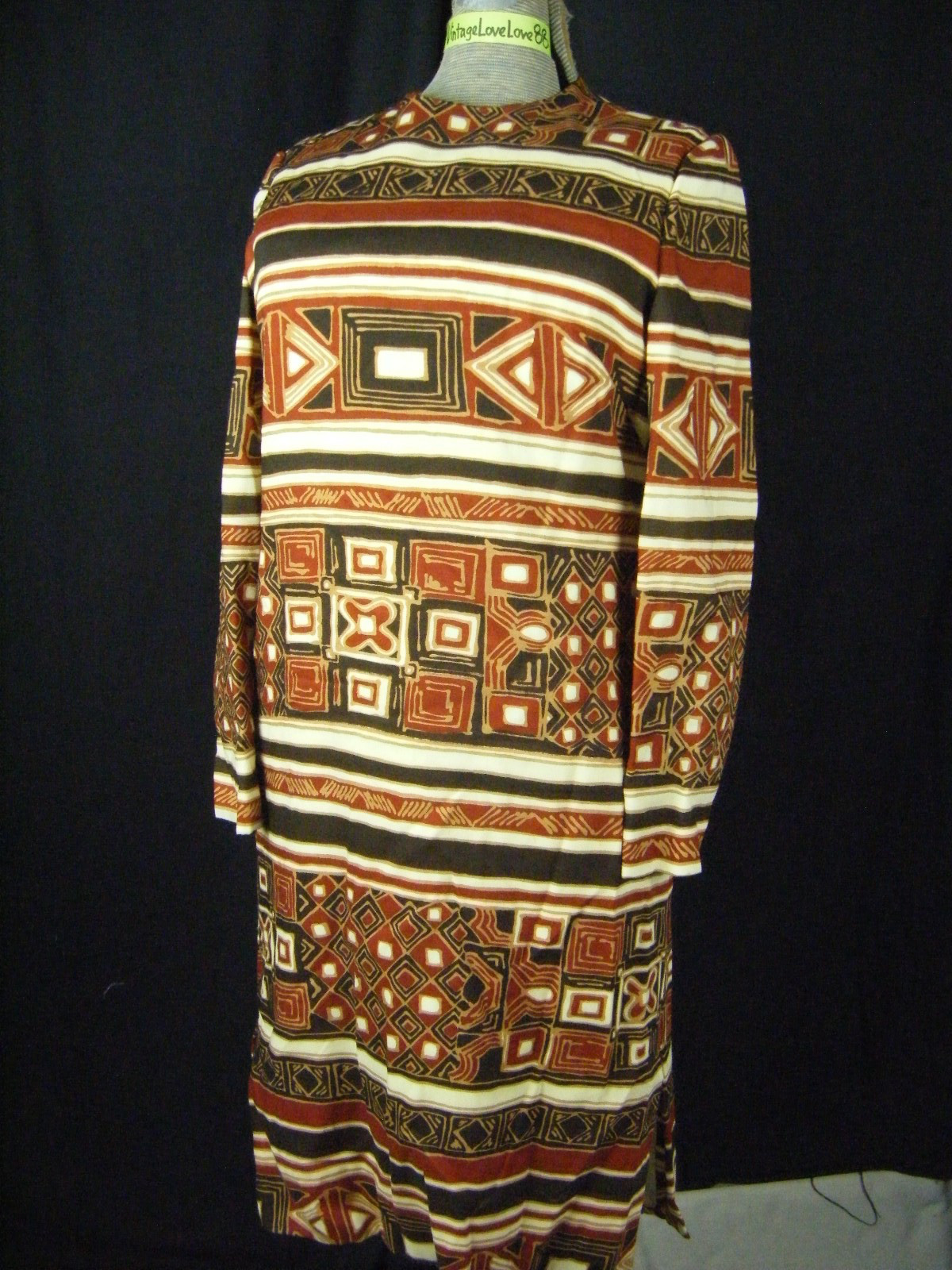 ADELE SIMPSON Vtg 60s Designer Brown Mod Printed Sheath Dress- Bust 36/XS