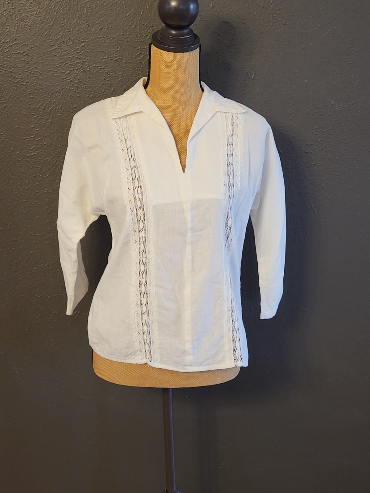 Martha Of Taos Vintage 60s Ivory Cotton Blouse Lace Insets Small