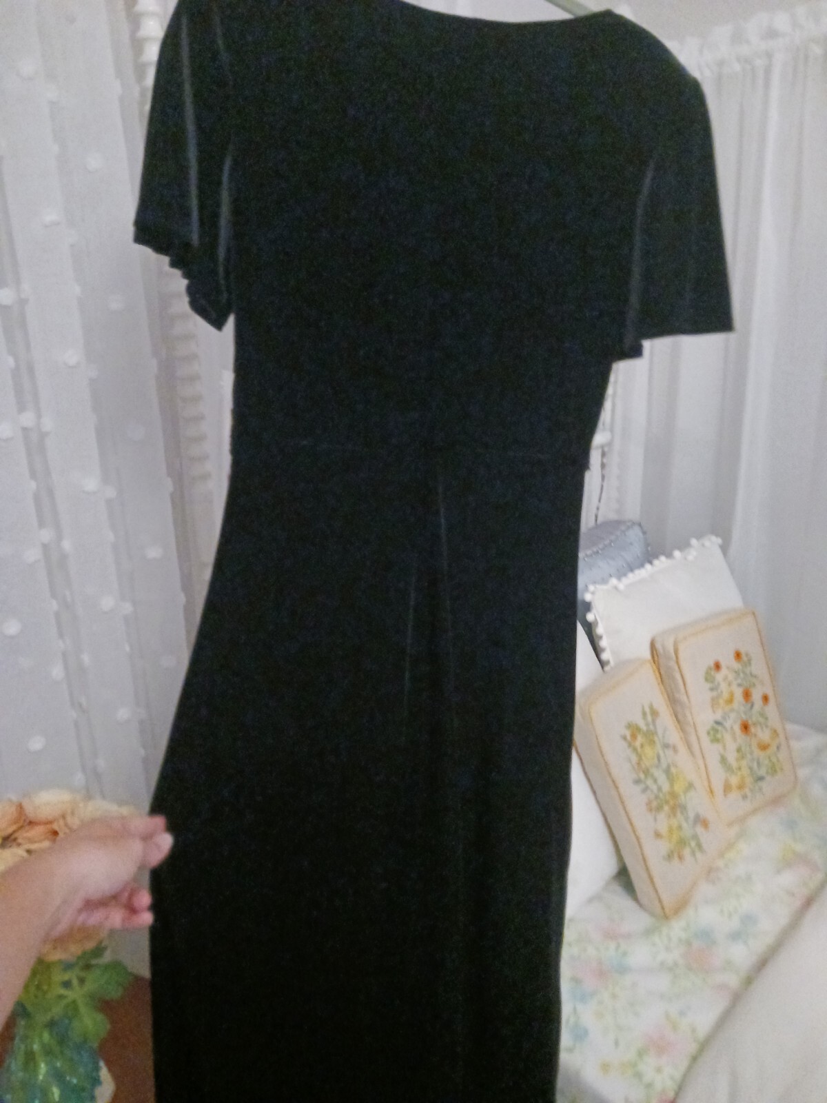 Vtg 90s Another Thyme Black Empire Waist Flutter Sleeve Velvet Dress Medium 6 8