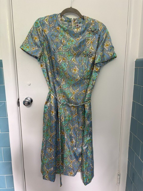 Vintage McMULLEN Dress blue Floral Knotted Round Neck Short Sleeve Sz medium