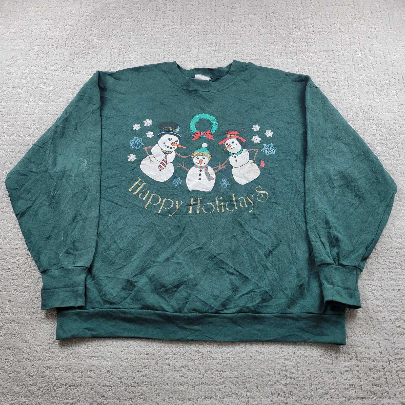 Vintage Holiday Time Sweatshirt Mens XL Green Happy Holidays Snowman 90s