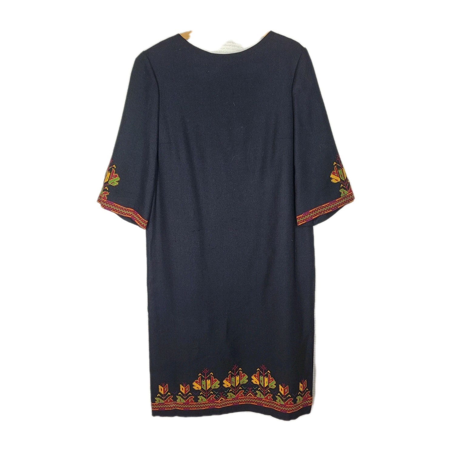Vtg 60s Dress Black Fine Wool Size Large Thobe Palestine Style Embroidery