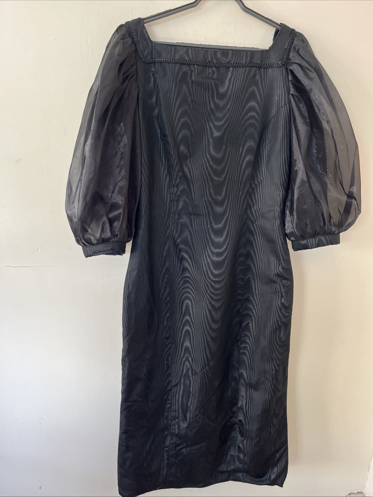 Vintage 1980s L Square Neck Low Back Large Puff Sleeves Taffeta Midi Dress