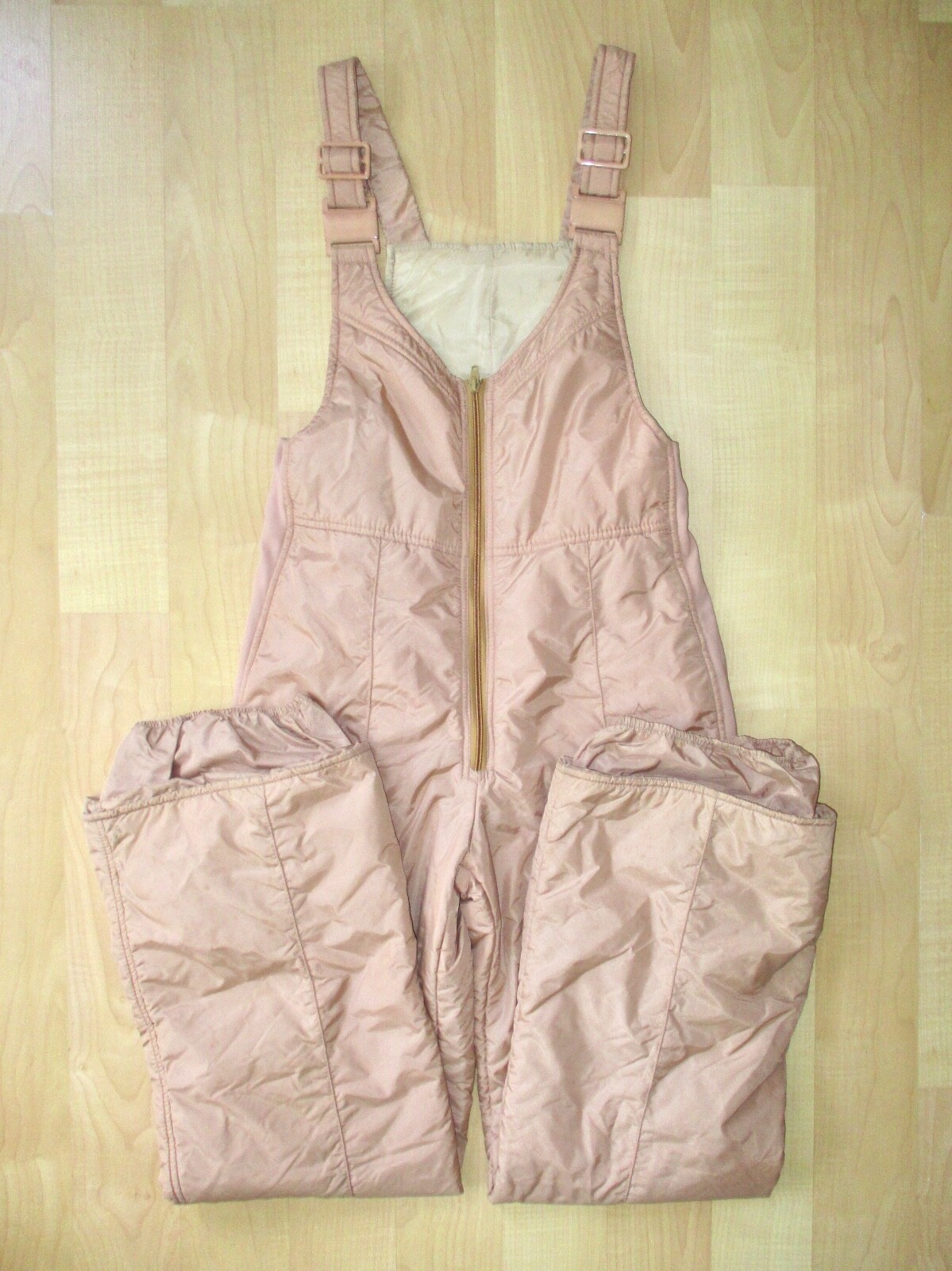Vtg 70s Ellesse Beconta tan nylon puffer ski bibs jumpsuit adjustable Women&rsquo;s 14
